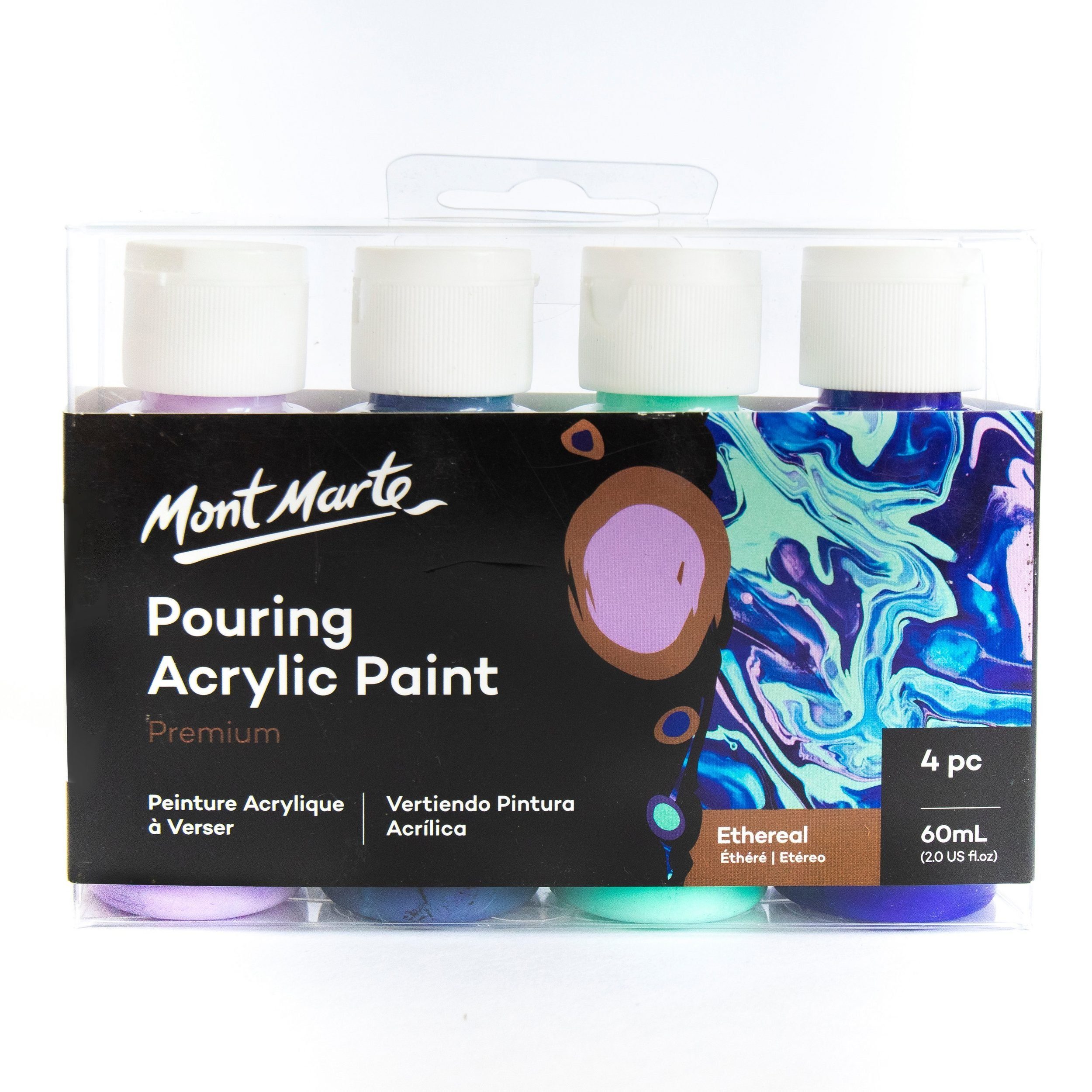 Mont Marte Bastelfarbe PREMIUM Pouring Acrylfarbe, Gieß-Acryl, je 4 x 60 ml, diverse Sets, Untereinander vermischbar & Bereits mit Pouring Medium vorgemischt