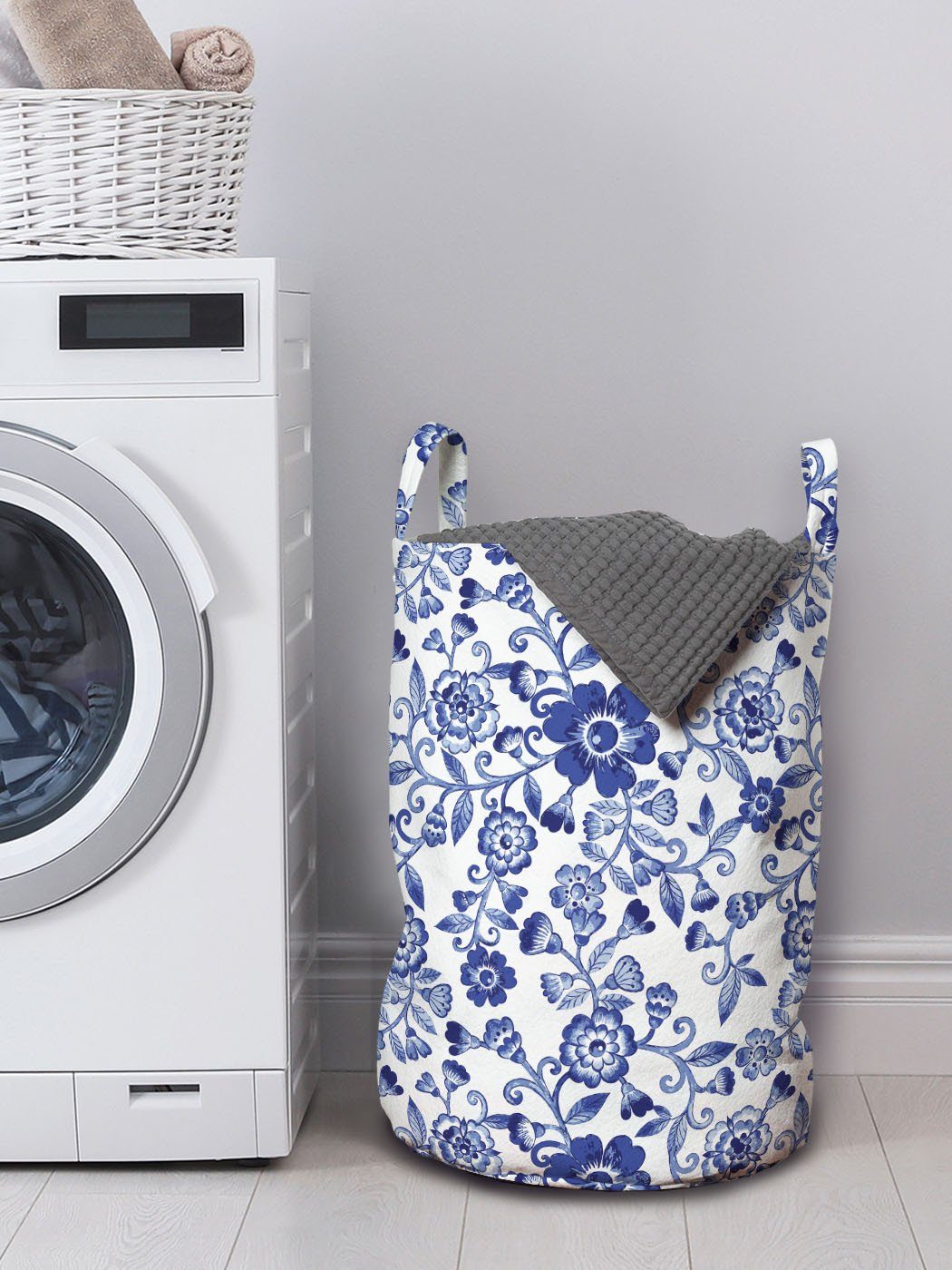 Vibrierende Aquarell Abakuhaus Wäschekorb Waschsalons, blaue Blumen mit Griffen Wäschesäckchen für Kordelzugverschluss