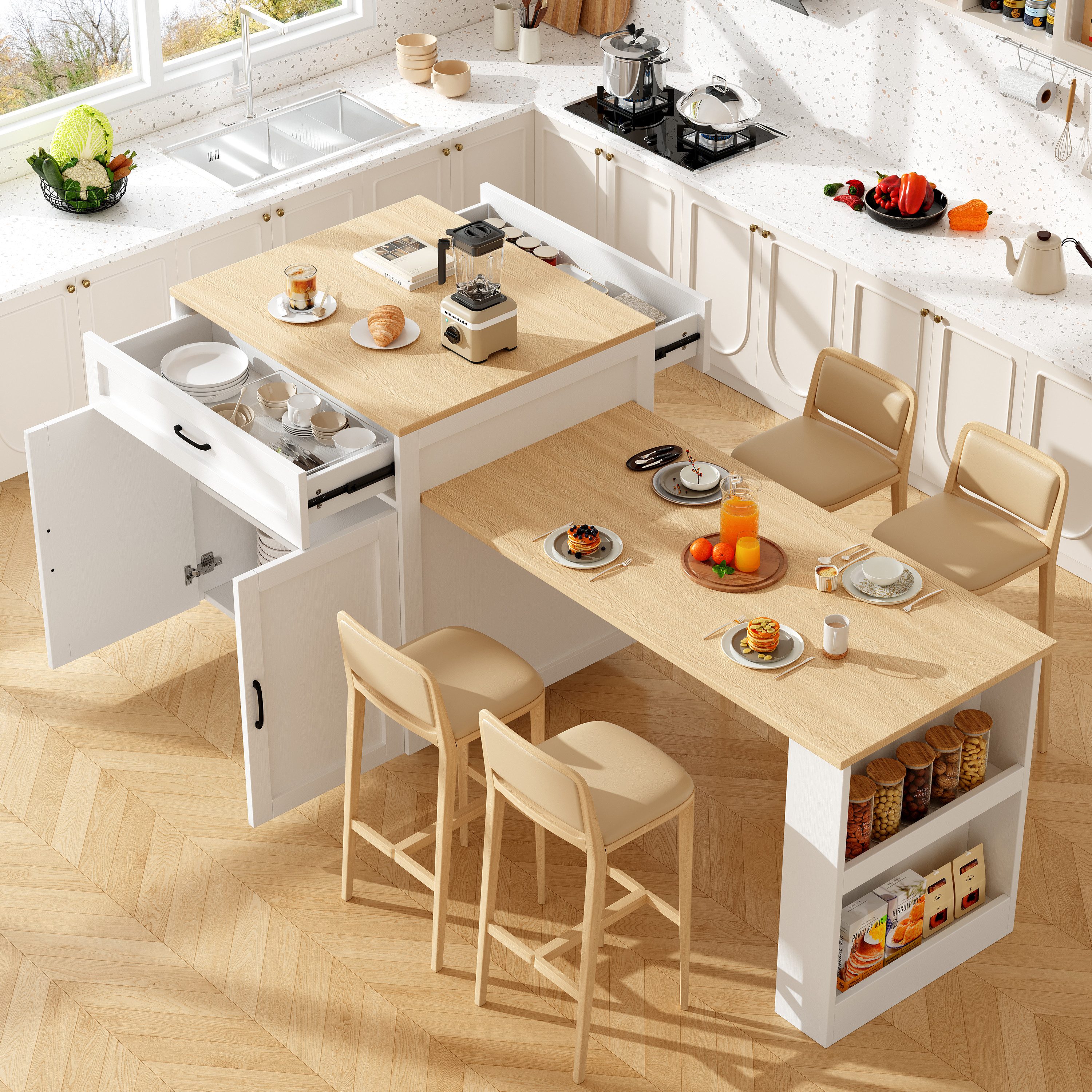 i@home Bartisch ausziehbarer Esstisch, Küchentisch, Kücheninsel, Esszimmertisch (1 Tisch), mit Stauraum (133-202×70×93,5cm), mit 2 Schublade und 2 Fächern