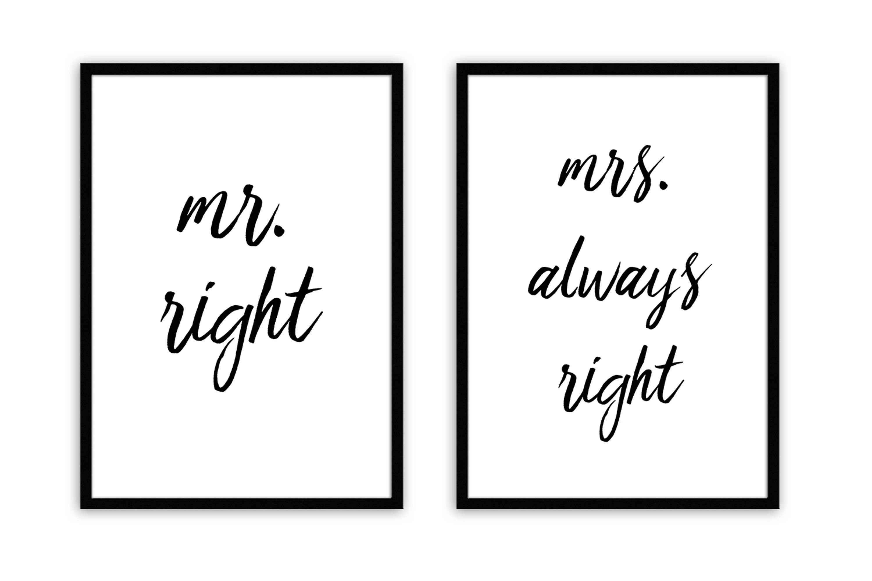 artissimo Mehrteilige Bilder 2er Bilder-Set 50x70 cm / Poster mit Rahmen / Schlafzimmer Bilder Deko, Poster-Set mit Sprüchen gerahmt: mr. right / mrs. always right