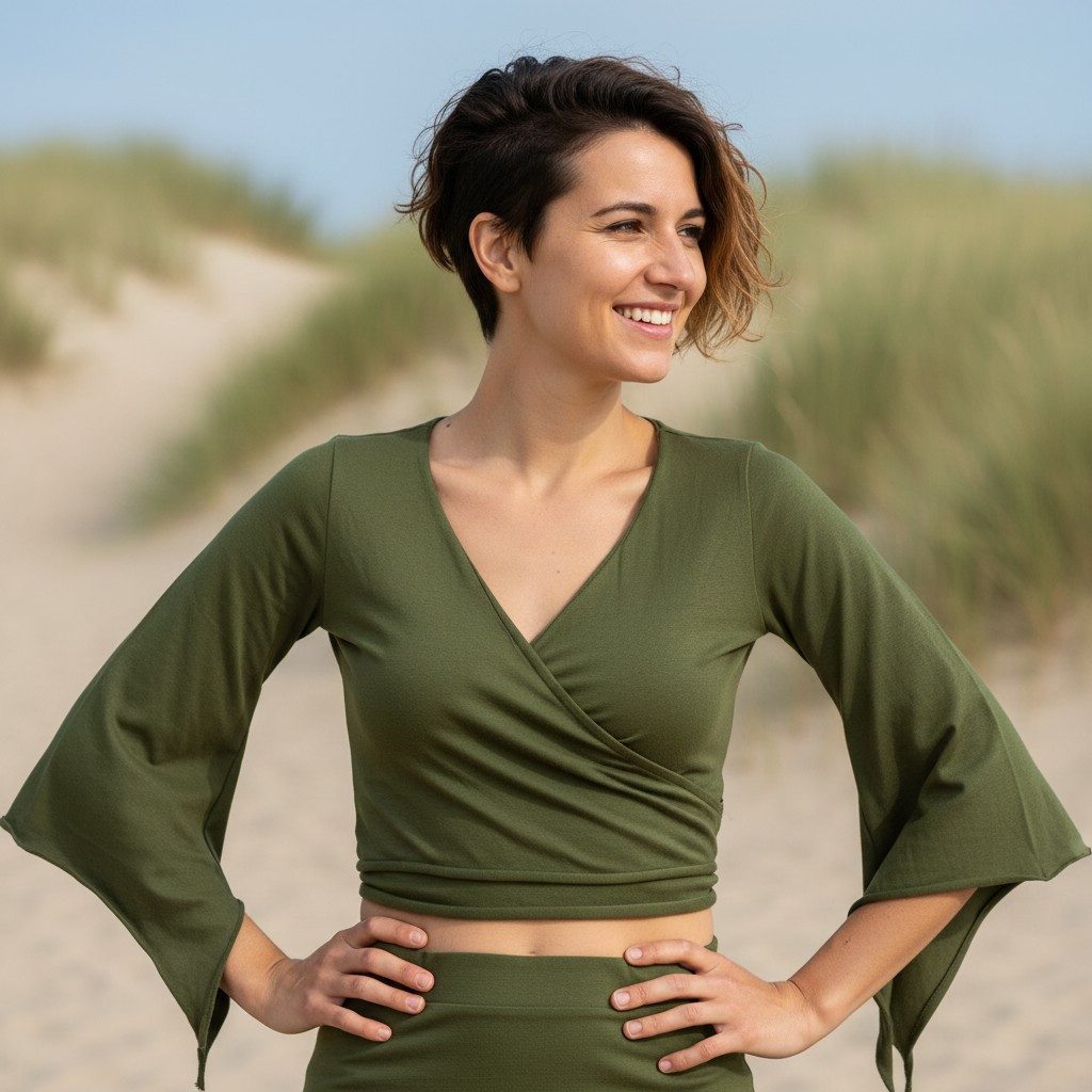 Guru-Shop T-Shirt Elfen Top, Top Goa-chic, Wickeltop - olive Festival, Ethn günstig online kaufen