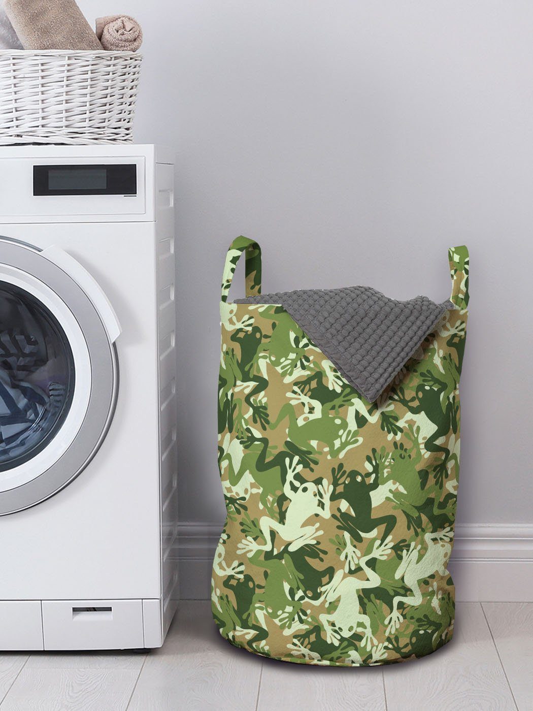 Wäschekorb Wäschesäckchen Griffen für Frosch mit Schädel-Camouflage-Design Abakuhaus Kordelzugverschluss Waschsalons,