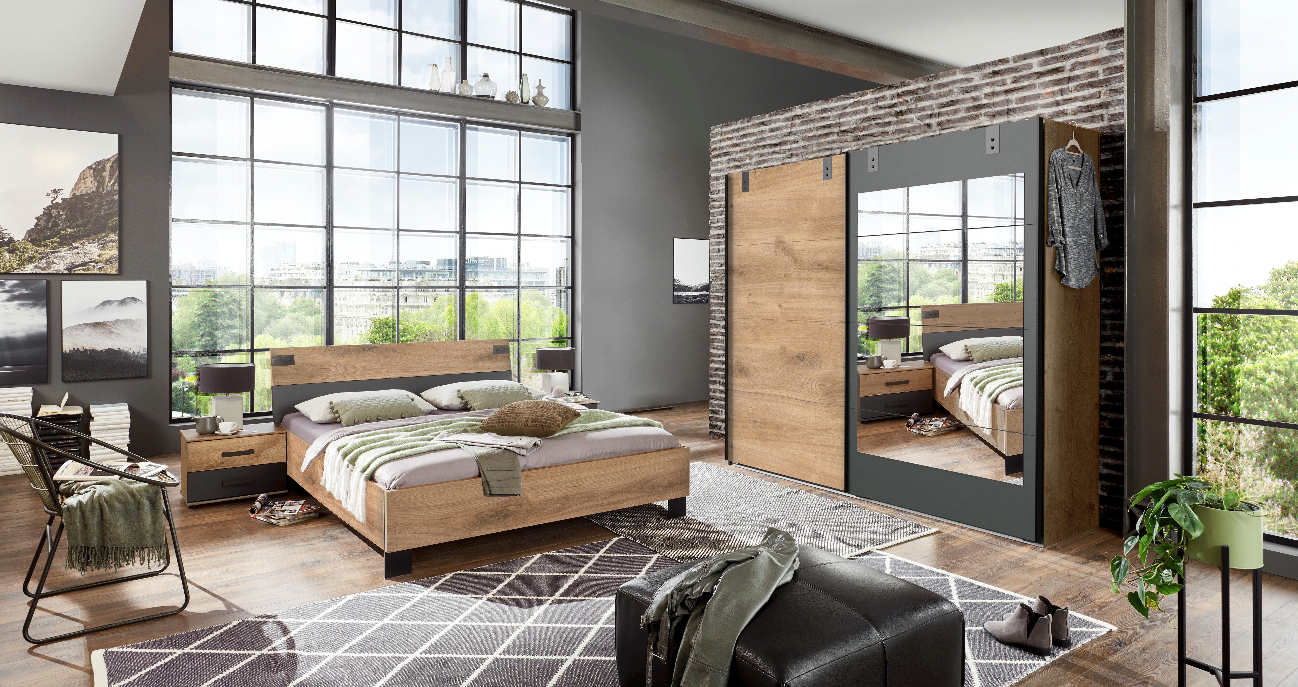 möbel-direkt.de Komplettschlafzimmer Malmö in Plankeneiche und Grafit, (Komplett-Set, 4-tlg., Verschiedene Schrankbreiten wählbar), Made in Germany