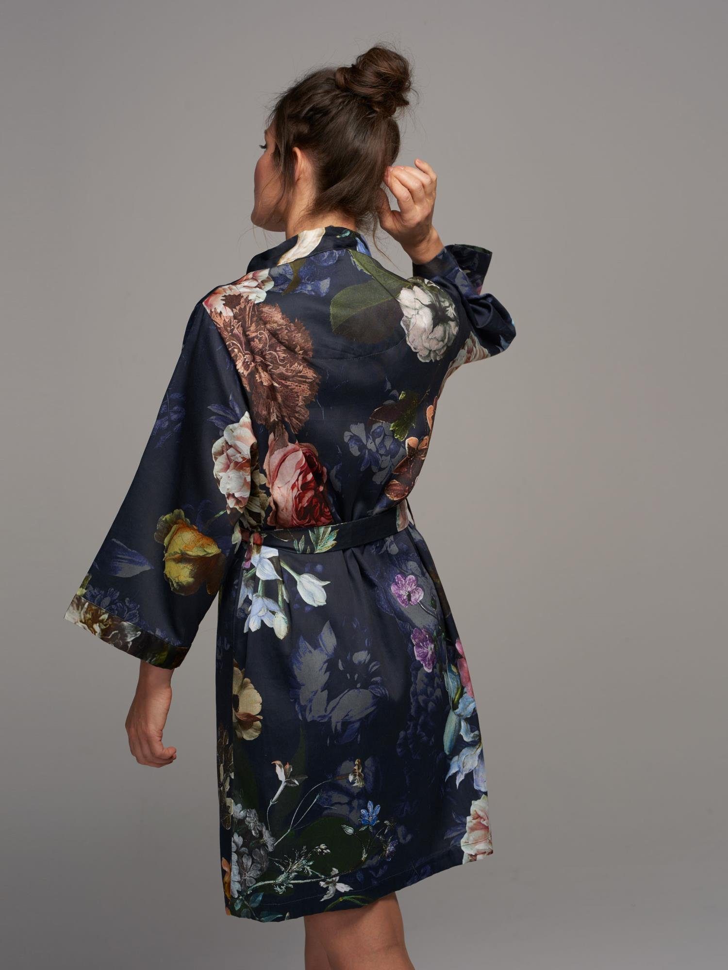Nightblue Blumenprint Gürtel, Kimono-Kragen, Essenza Fleur, wunderschönem mit Kimono Baumwolle, Kurzform,