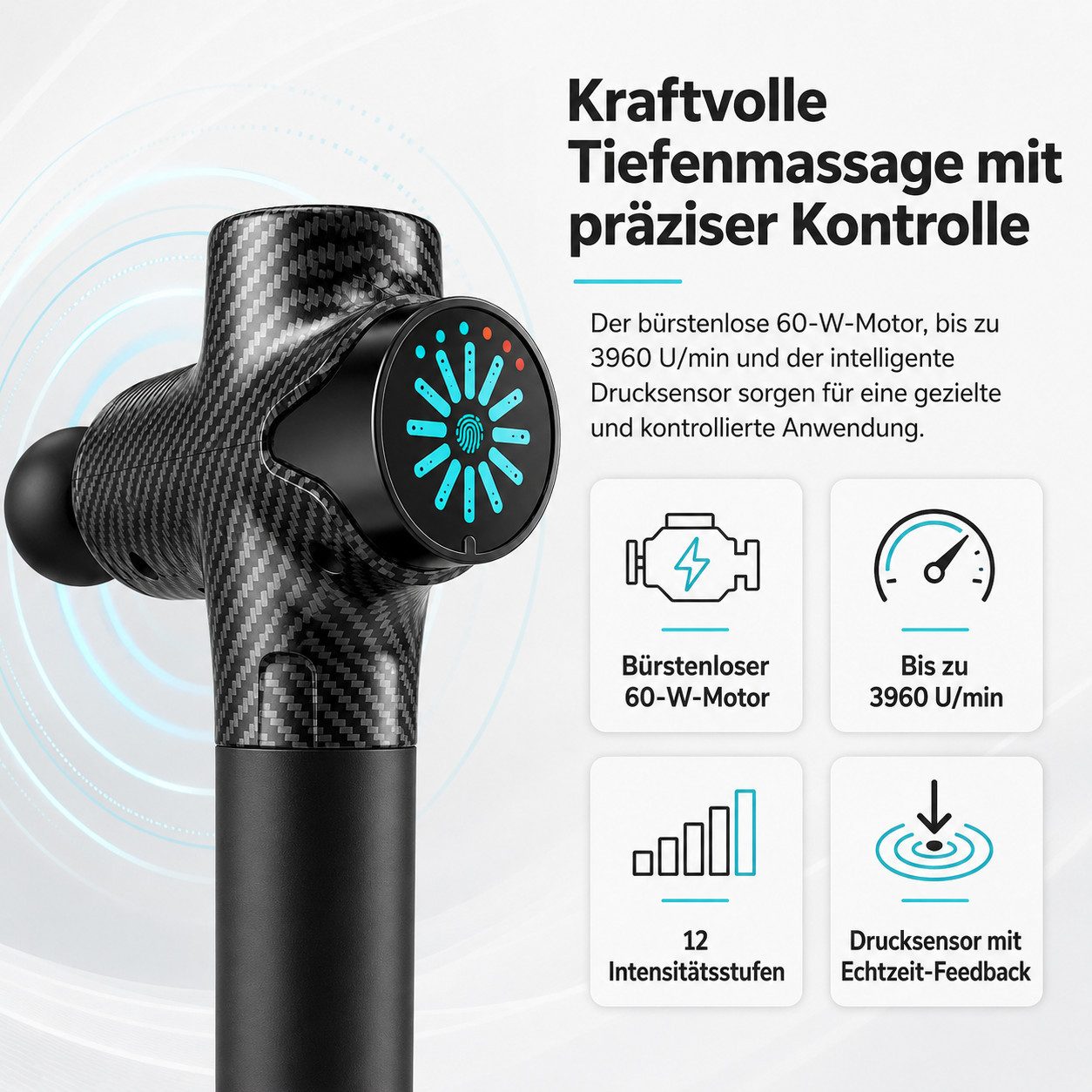 Tekoo Massagepistole Faszienpistole, mit Drucksensor, 12 Aufsätze & Tasche, Set, 16-teiliges Set, Mit intelligentem Drucksensor und 12 Aufsätzen
