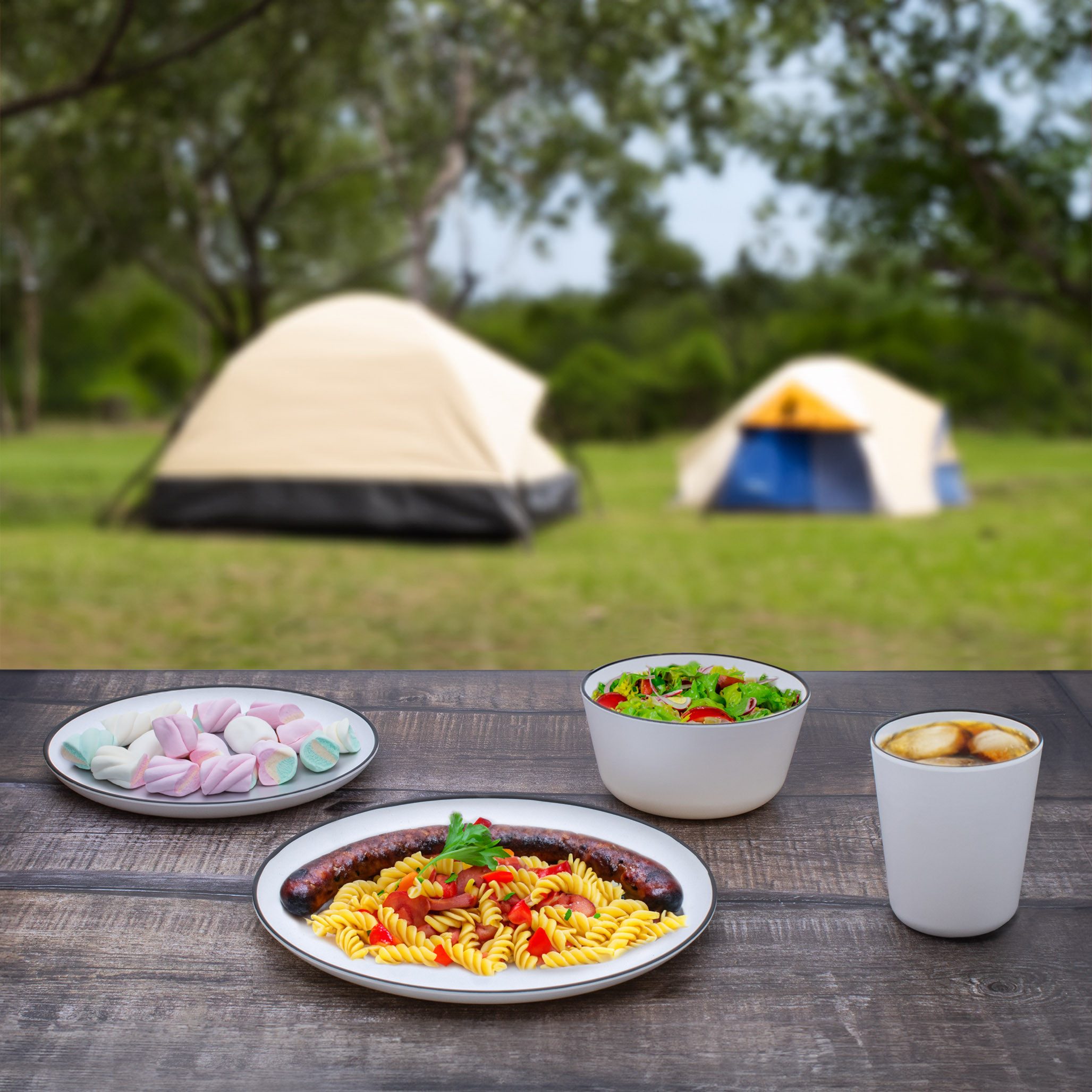 Spetebo Geschirr-Set Melamin Camping Geschirr weiß mit schwarzem Rand - diverse Sets (6-tlg), 4 Personen, Melamin, Picknick Outdoor Tafel Service