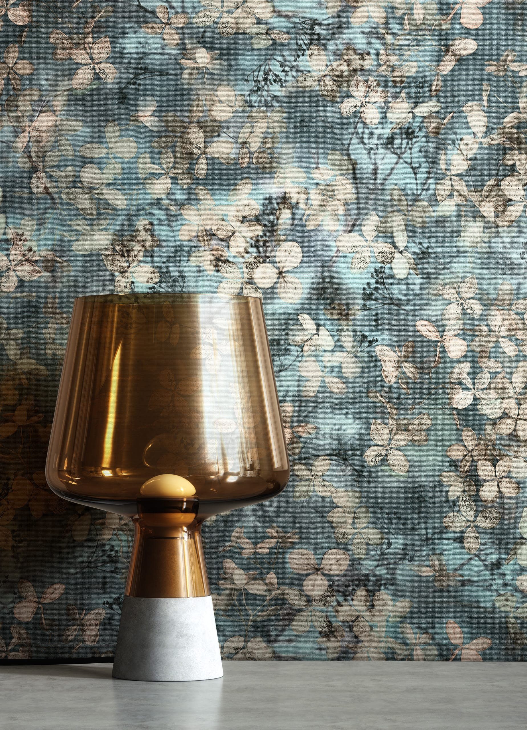 Newroom Vliestapete Murimi Blue Tapete Mustertapete Blätter,Blumen,Zweige, Blau Tapete Floral Blätter - Mustertapete Blumentapete Grau Beige Vintage Romantisch Blumen Zweige für Wohnzimmer Schlafzimmer Küche, Blumentapete