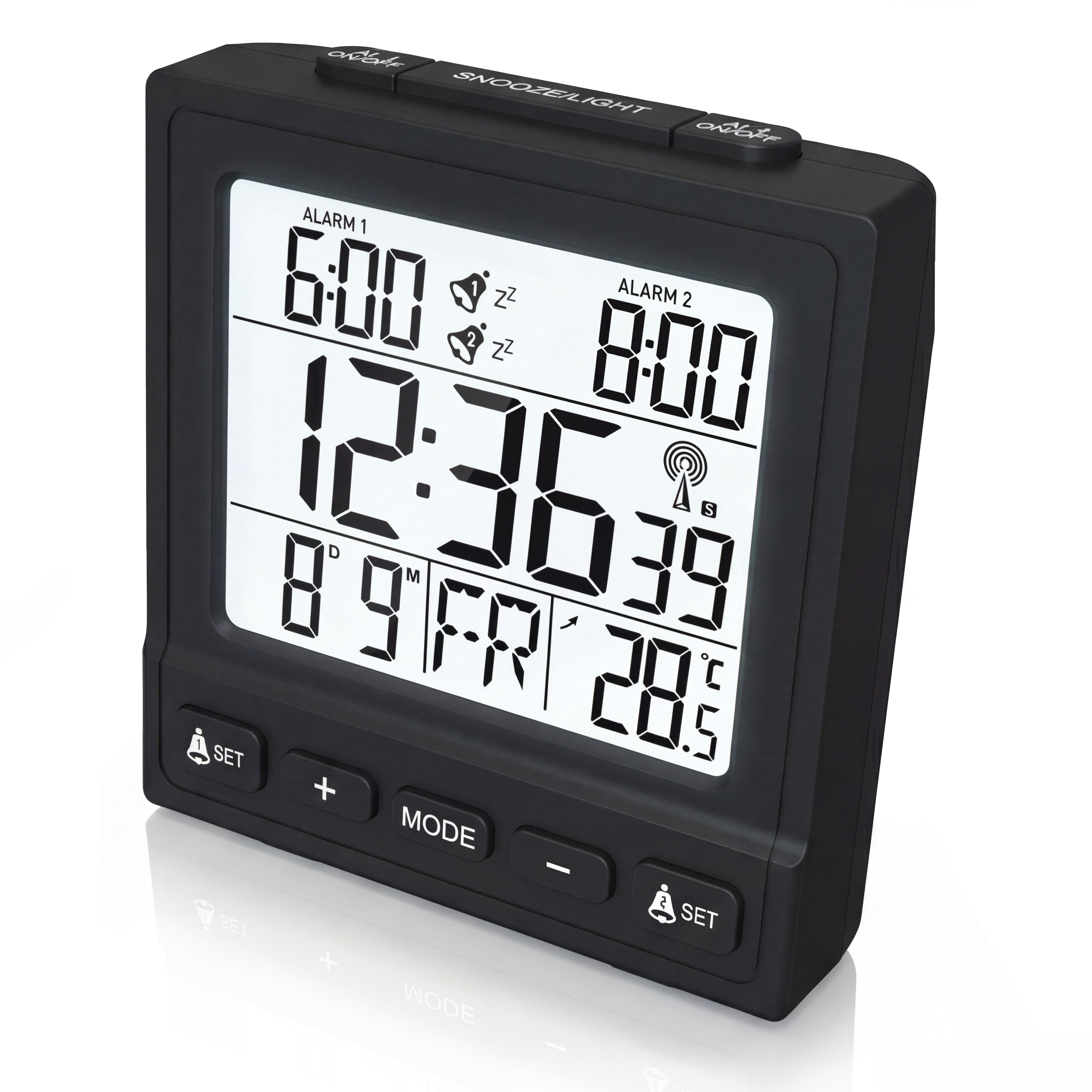 BEARWARE Wecker Reisewecker Digital, LCD-Display, Batteriebetrieb & DCF Uhr 2 Alarme, Snooze, Temperaturanzeige, Datum & LED-Beleuchtung
