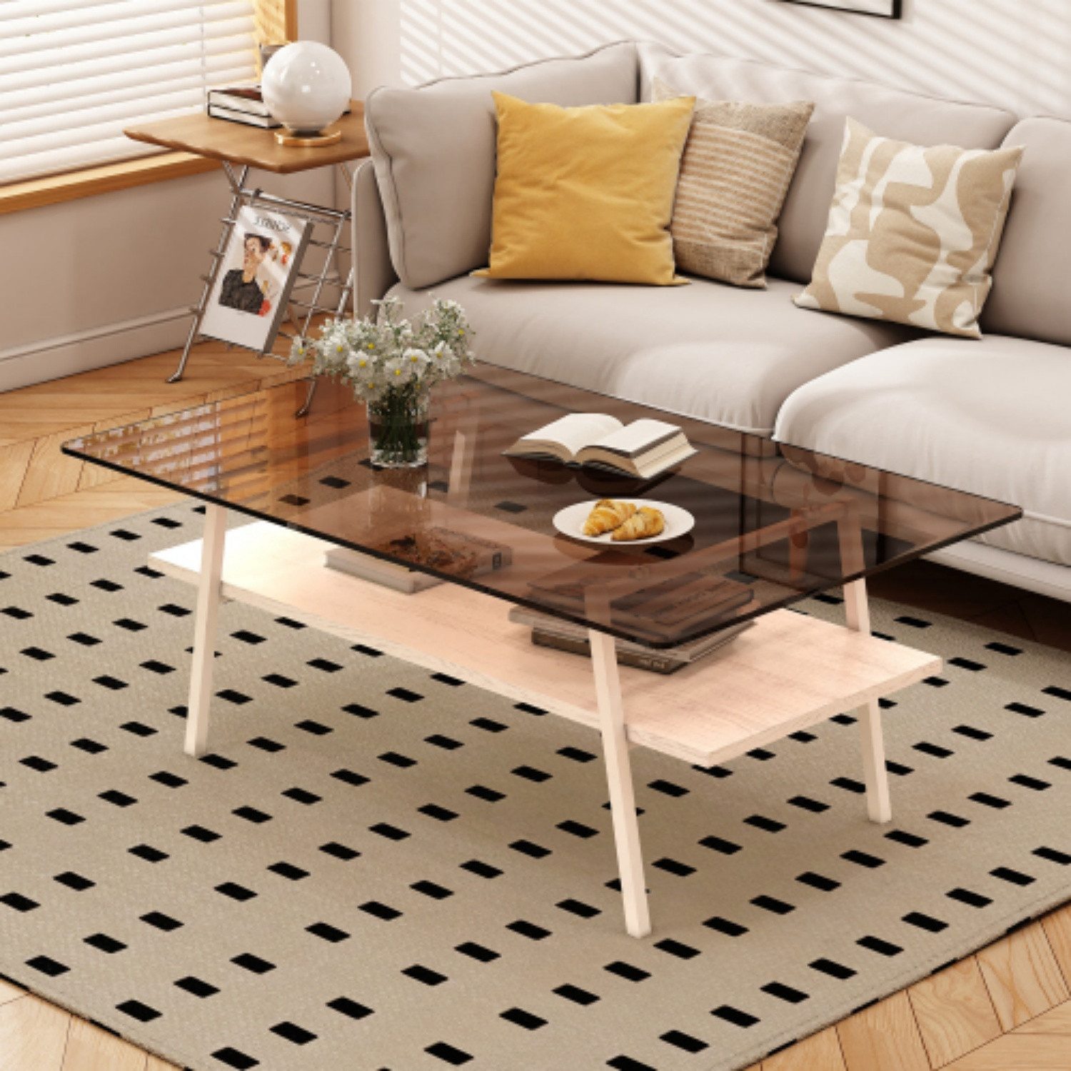 ANYSUN Couchtisch Gehärtete Glasplatte, mit Ablage, rechteckig, fürs Wohnzimmer (1-teilig), Stabile Metallbeine, pflegeleicht & schnell montiert, 98x58x42,5 cm
