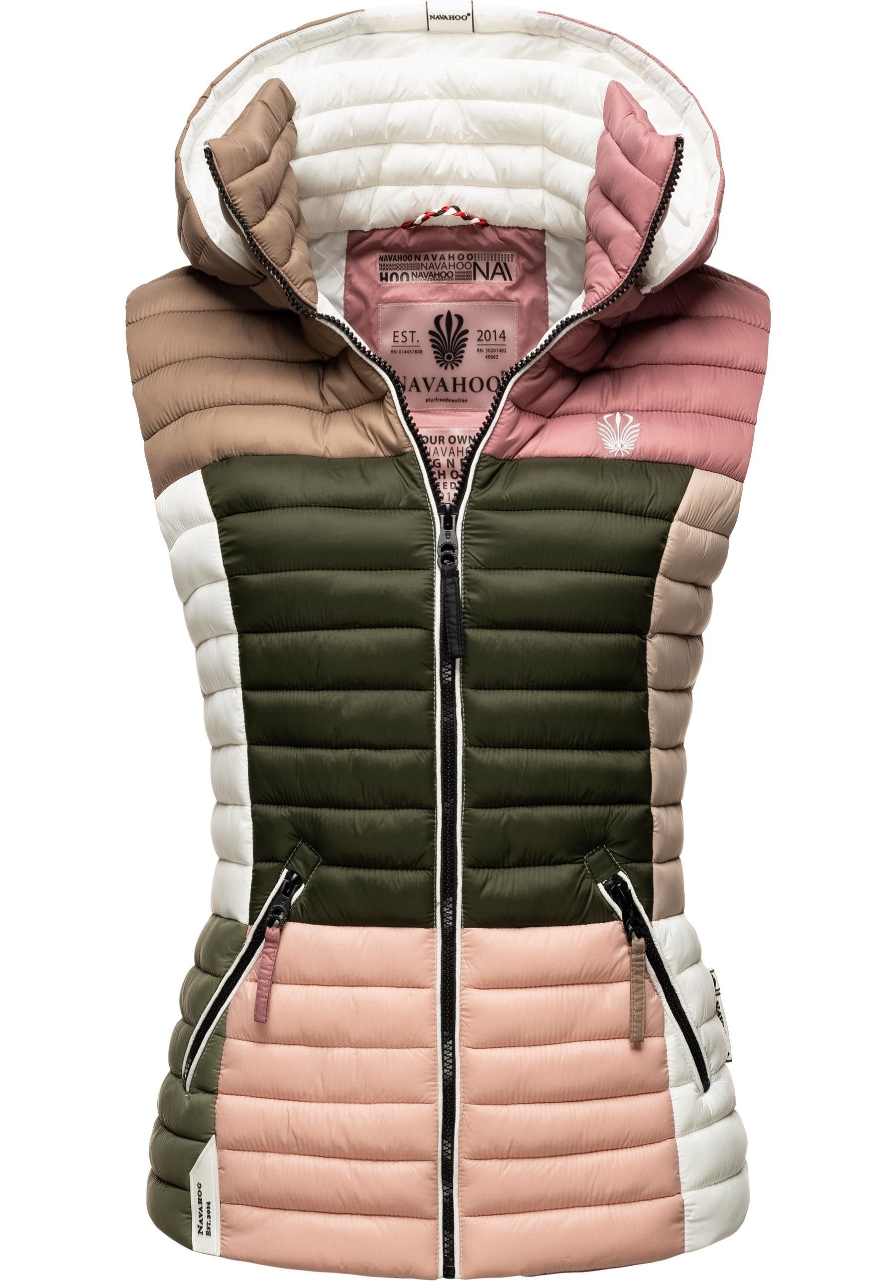 Navahoo Steppweste Shadaa Multikulti Ärmellose Damen Weste im Colourblocking-Stil und Kapuze