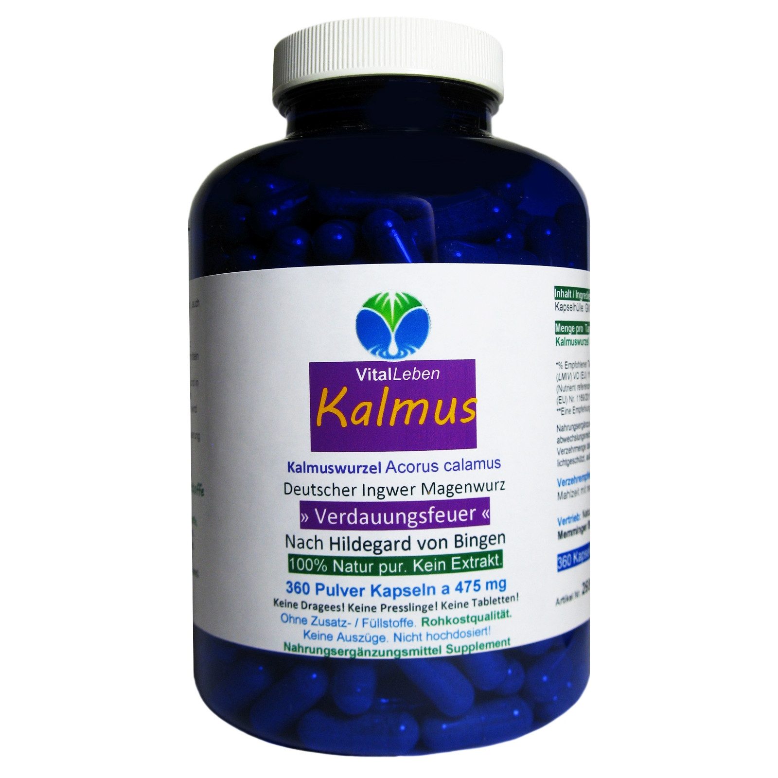 VitalLeben Kalmus-Wurzel Magenwurz Magen Bitter(stoffe) Verdauung Stoffwechsel Kapseln, 1 er Dose à 360 St., 171 g