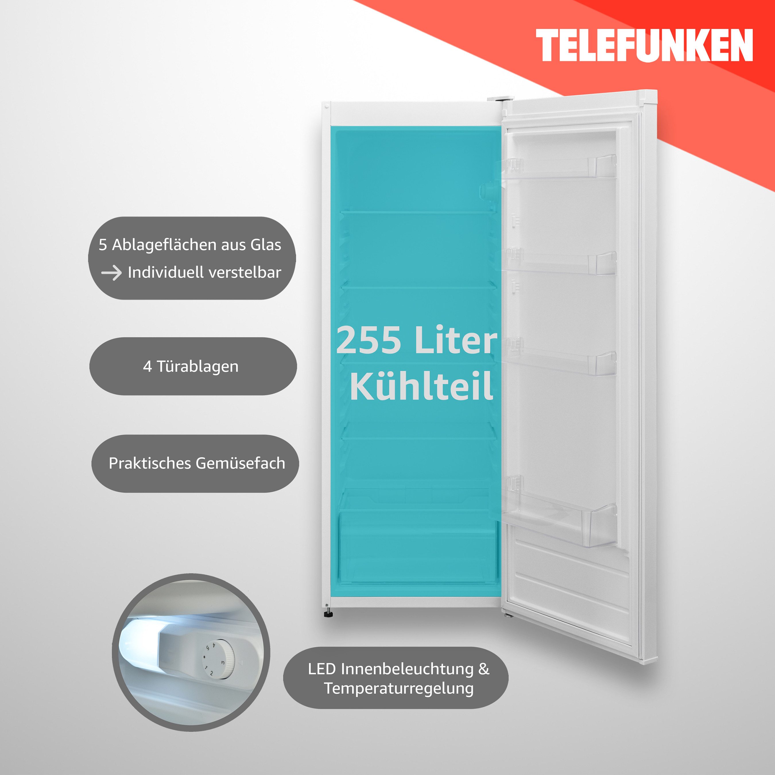 Telefunken Kühlschrank KTFK265EW2, 54 cm breit, 255 Liter, ohne Gefrierfach, Standkühlschrank groß, freistehend