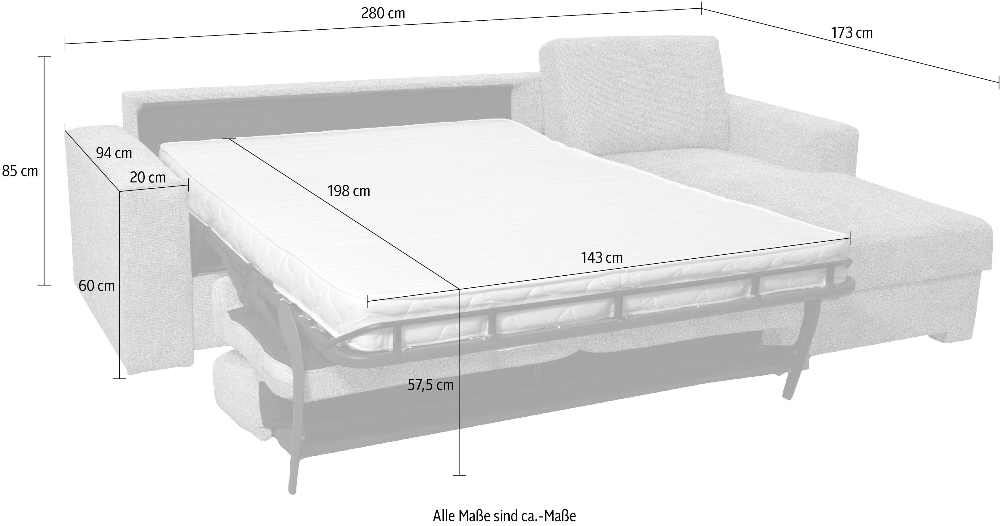 "M", Unterfederung, Liegemaße Home cm Dauerschlaffunktion, Ecksofa mit 143x198 ca Roma affaire