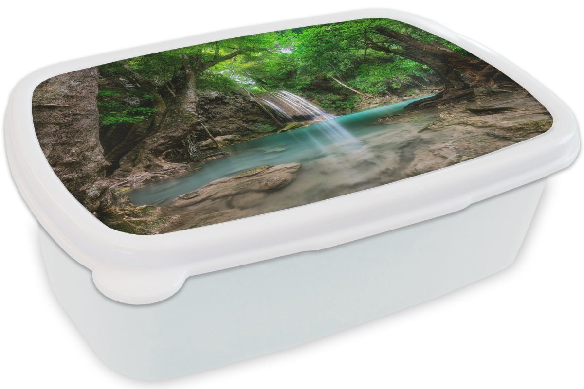 MuchoWow Lunchbox Kunststoff, - (2-tlg), Brotdose, Kinder für - Dschungel Wasserfall - Natur, Pflanzen - und Erwachsene, Brotbox weiß Mädchen Jungs und Wasser für