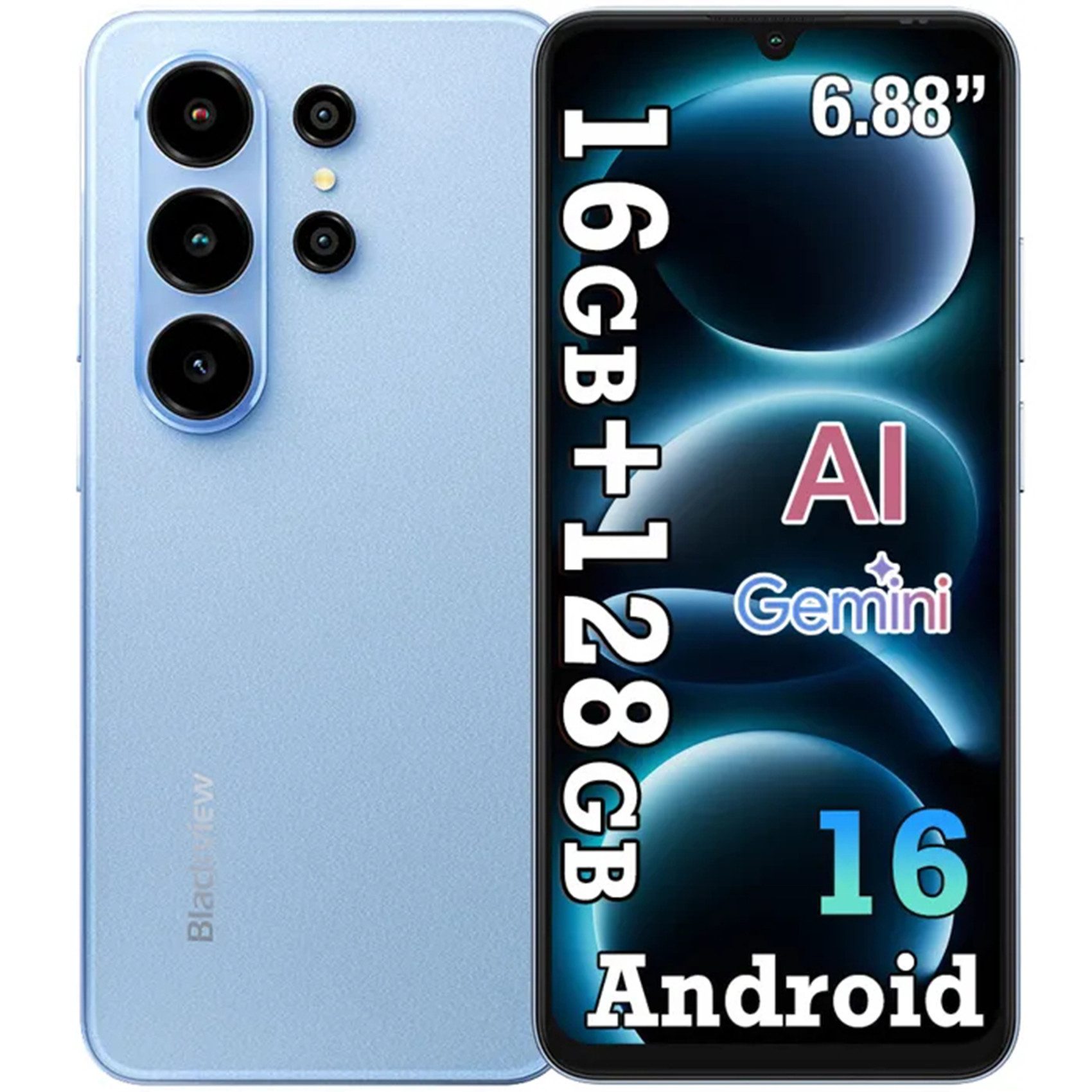 blackview Smartphone ohne Vertrag,16GB+128GB,5000mAh Akku,Triple-Slot,Android 16 Smartphone (32 MP Kamera, 4G,Face Unlock,GPS,GLONASS&Galileo Navigation,Verbesserter Datenschutz)