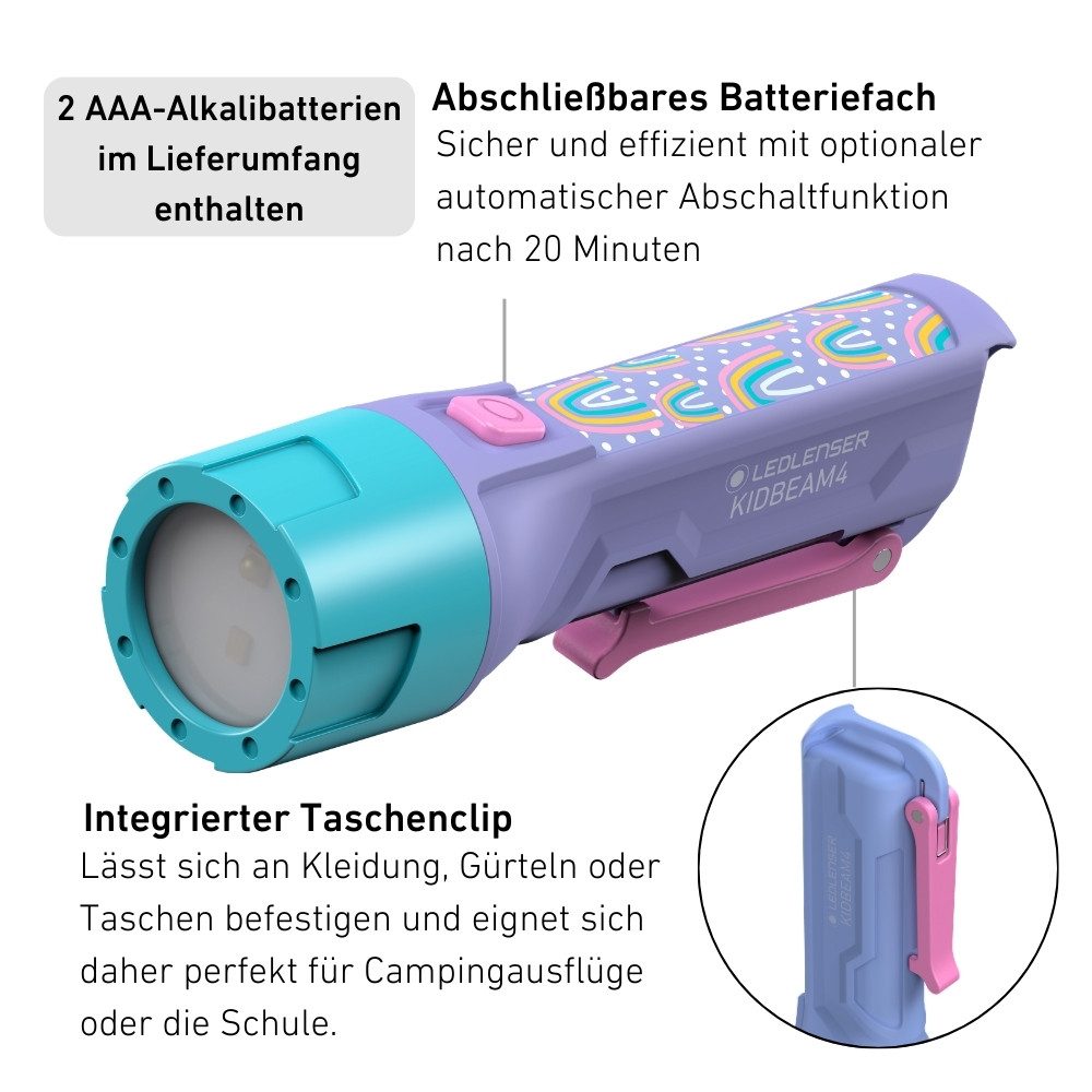 Ledlenser Taschenlampe Kidbeam4 Lila, 72g leicht, 12 cm lang, 4 Farben, LED, AAA, 18h Laufzeit