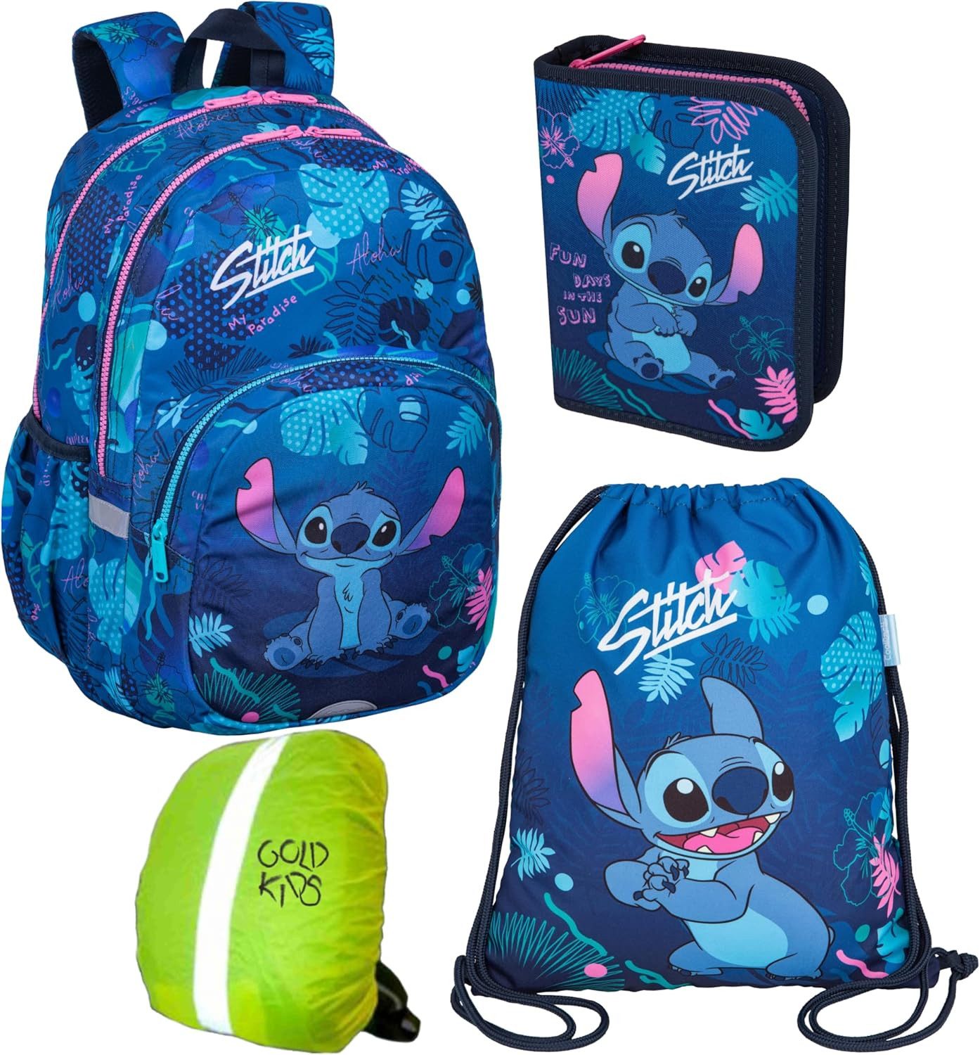 GOLDKIDS Schulrucksack Rucksack für Jungen und Mädchen, (4er-Set - Schul-Rucksack, 1-tlg., für Kinder mit Federmäppchen), Schuhbeutel und Regenschutz - Stitch Motiv