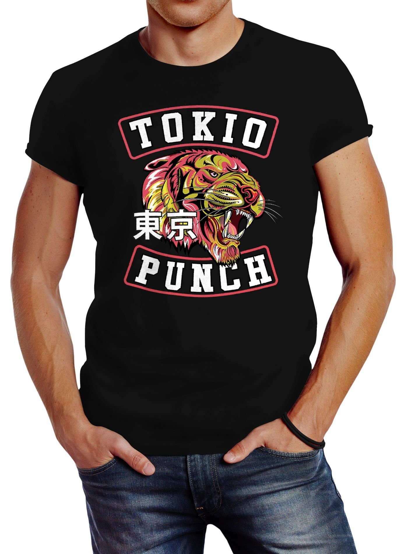 Neverless Print-Shirt Herren T-Shirt Tigerkopf Print Tokio Punch Schriftzug Tattoo Style Fashion Streetstyle Slim Fit Neverless® mit Print