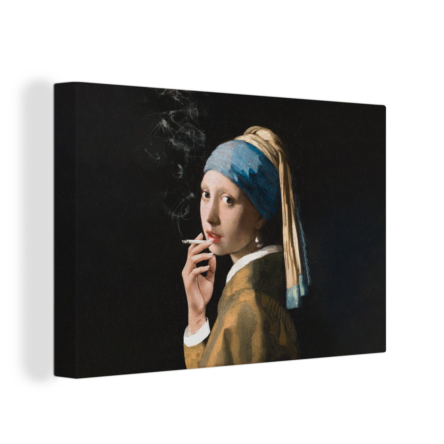 OneMillionCanvasses® Gemälde Das Mädchen mit dem Perlenohrring - Vermeer -  Zigaretten, (1 St), Wandbild Leinwandbilder, Aufhängefertig, Wanddeko,  30x20 cm | Leinwandbilder