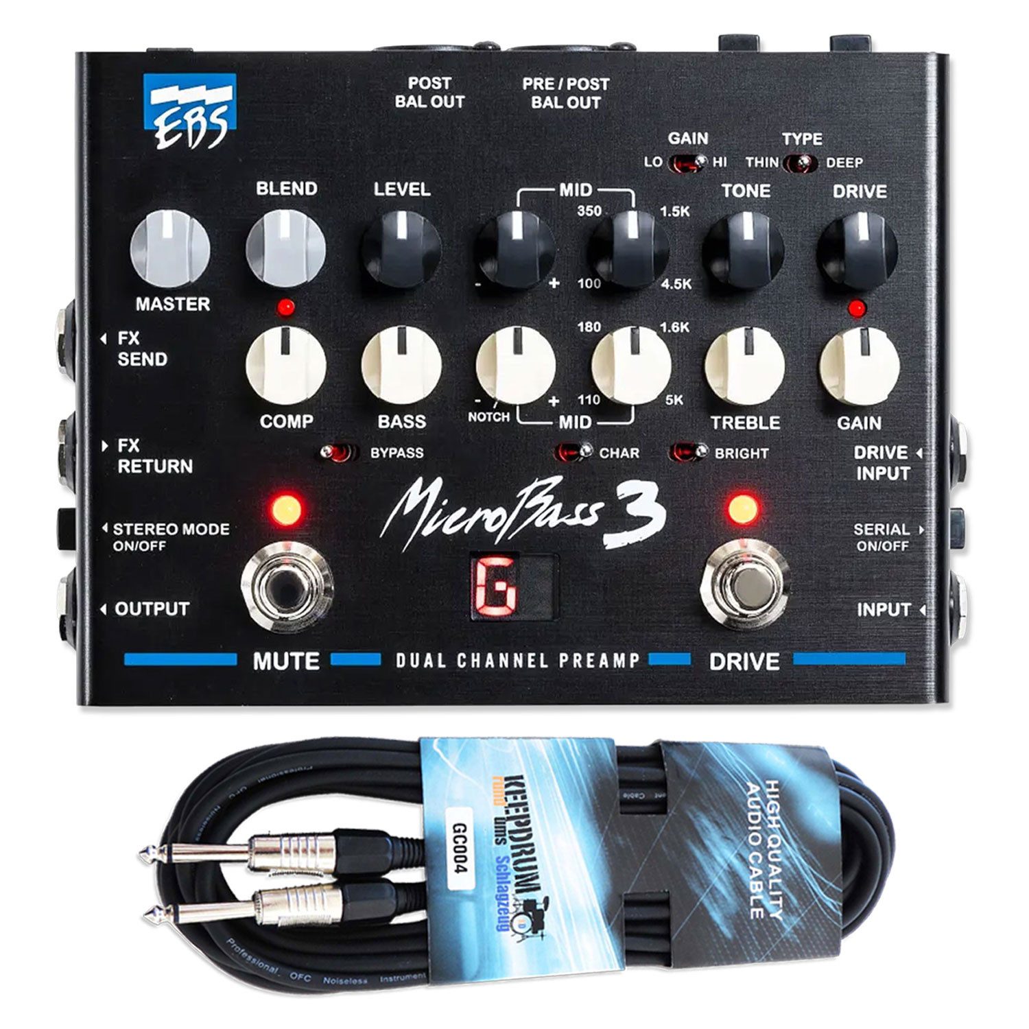 EBS EBS Vorverstärker MicroBass 3 analoger Bass Preamp mit Kabel Verstärker (Anzahl Kanäle: 2, Vorteils-Set mit Klinkenkabel)