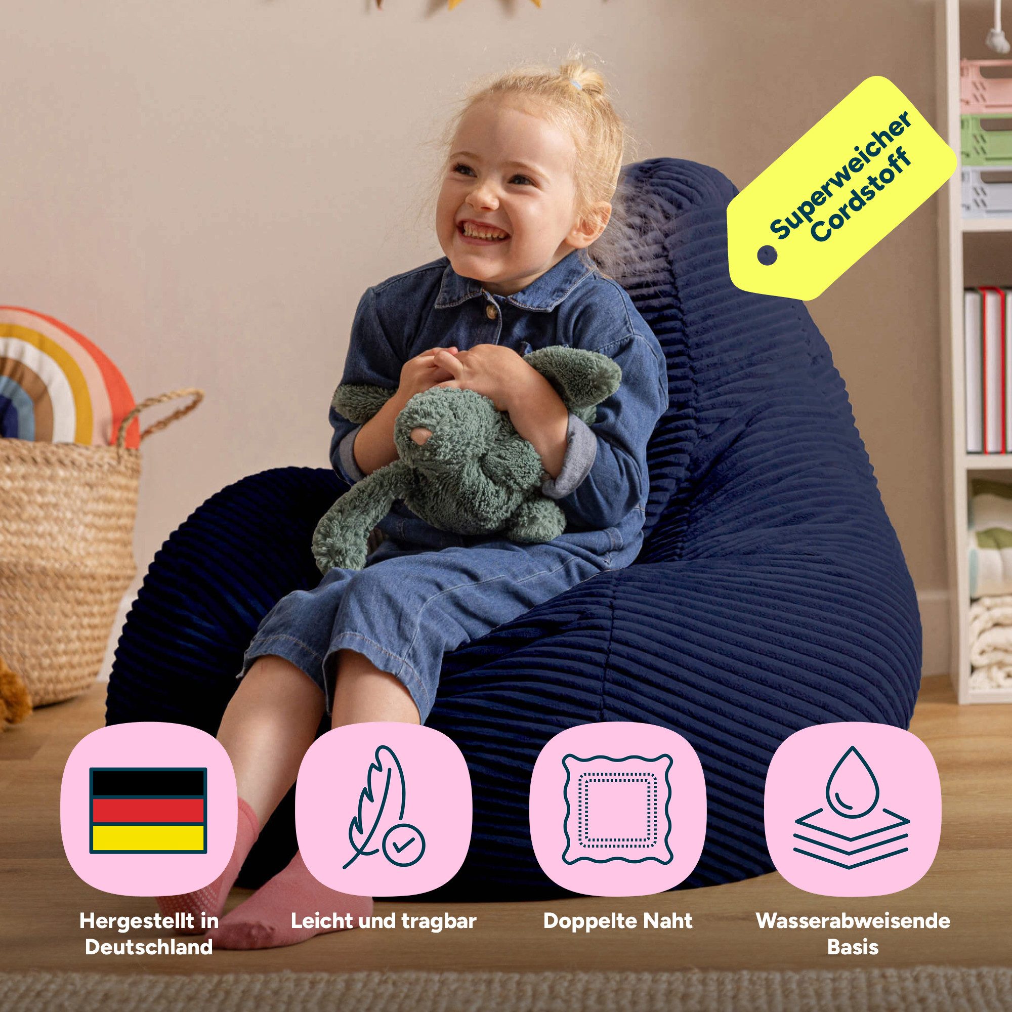 icon Sitzsack Kinder Sessel aus Cord Flauschig „Dalton", 69x59x65cm, Made in Germany, für Kinderzimmer, mit Füllung