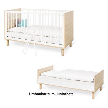 Lomadox Babybett FERRARA-134, Babyzimmer in weiß mit Esche Dekor und Schlupfsprossen : 75/85/145 cm