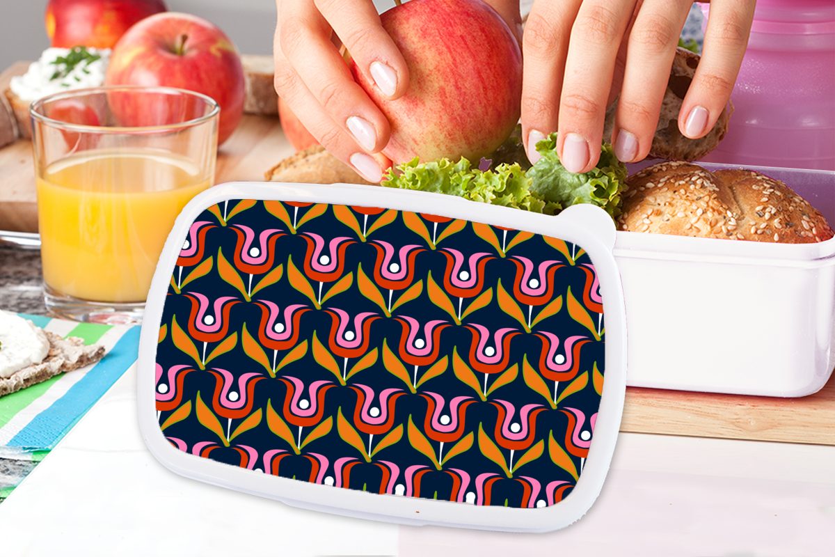 MuchoWow Lunchbox Retro - Tulpe Brotdose, Jungs Erwachsene, Mädchen Design, für und - Abstrakt für Kunststoff, weiß und Kinder (2-tlg), Brotbox 