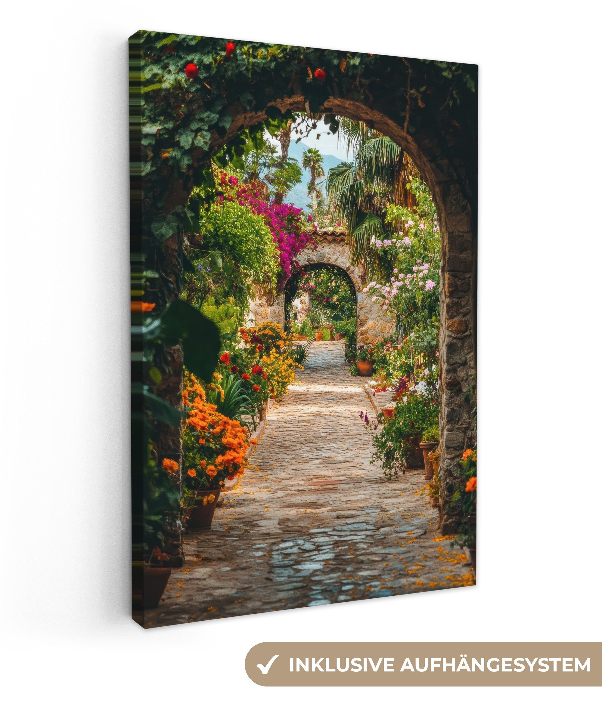 Leinwandbild Fensterblick - Fenster - Blumen - Tor - Steine