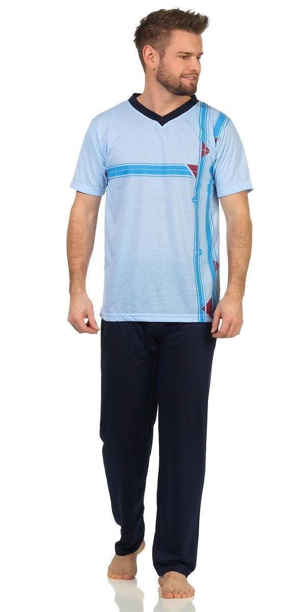 EloModa Pyjama Herren Sommer Pyjama Lange Schlafhose V- T-shirt; M L XL 2XL (2 tlg) Hellblau