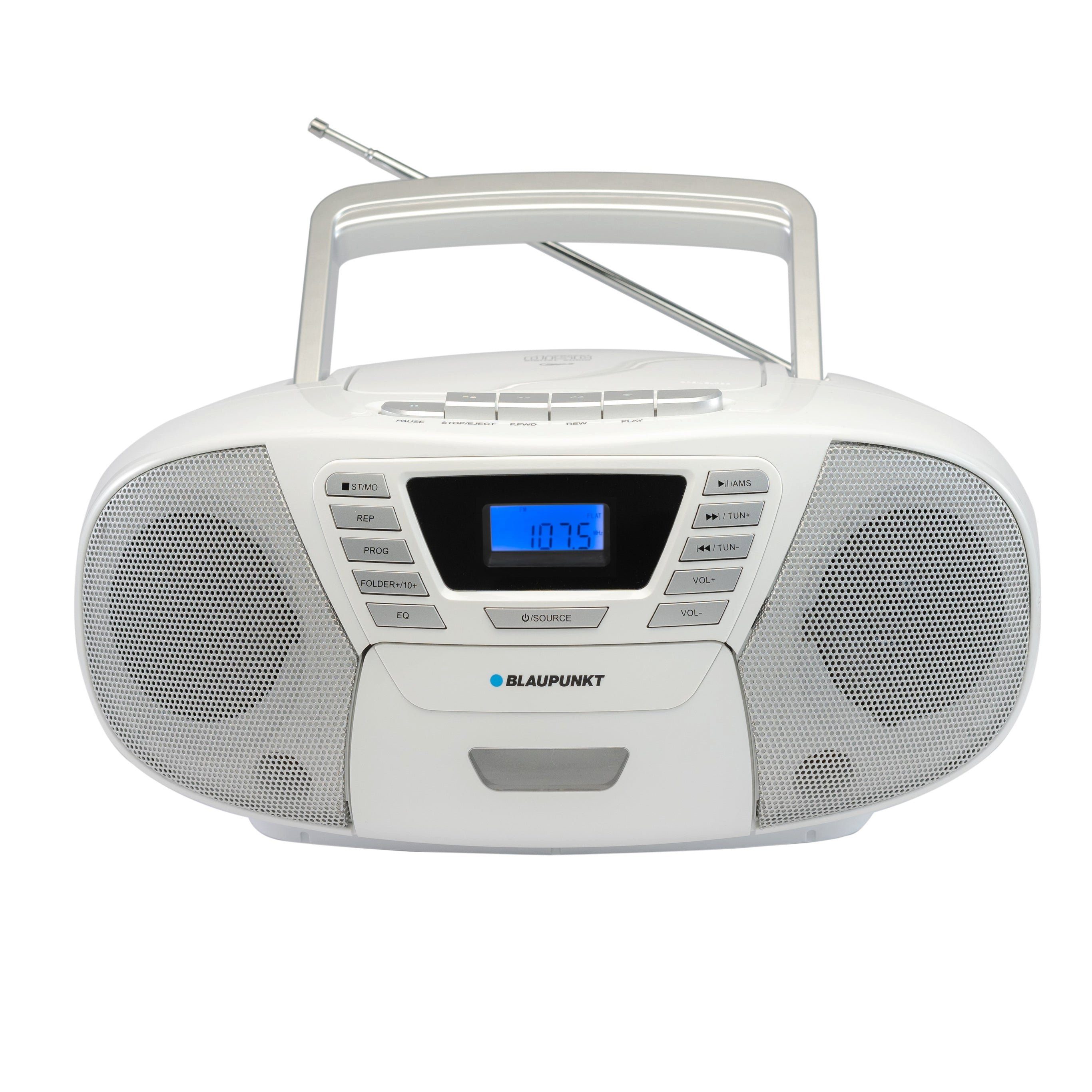 Bluetooth, CD-Player, Radio) 120 Kassetten und 6,00 Blaupunkt Boombox weiss Hörbuchfunktion, USB, B FM, (UKW, W,