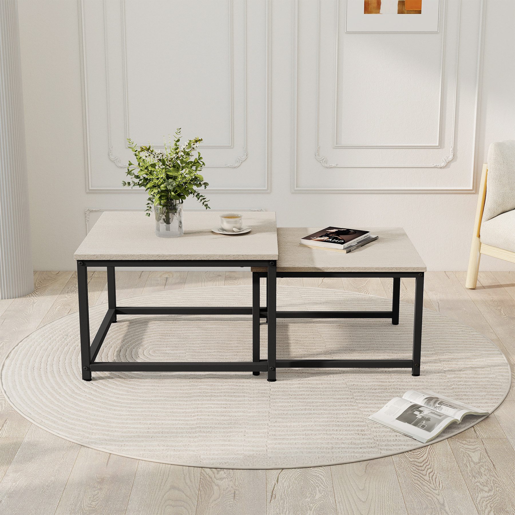 HawthyHome Couchtisch 2er-Set quadratischer Wohnzimmertisch aus Holz mit Metallgestell (2-St), moderner Beistelltisch für Wohnzimmer und Schlafzimmer, platzsparend