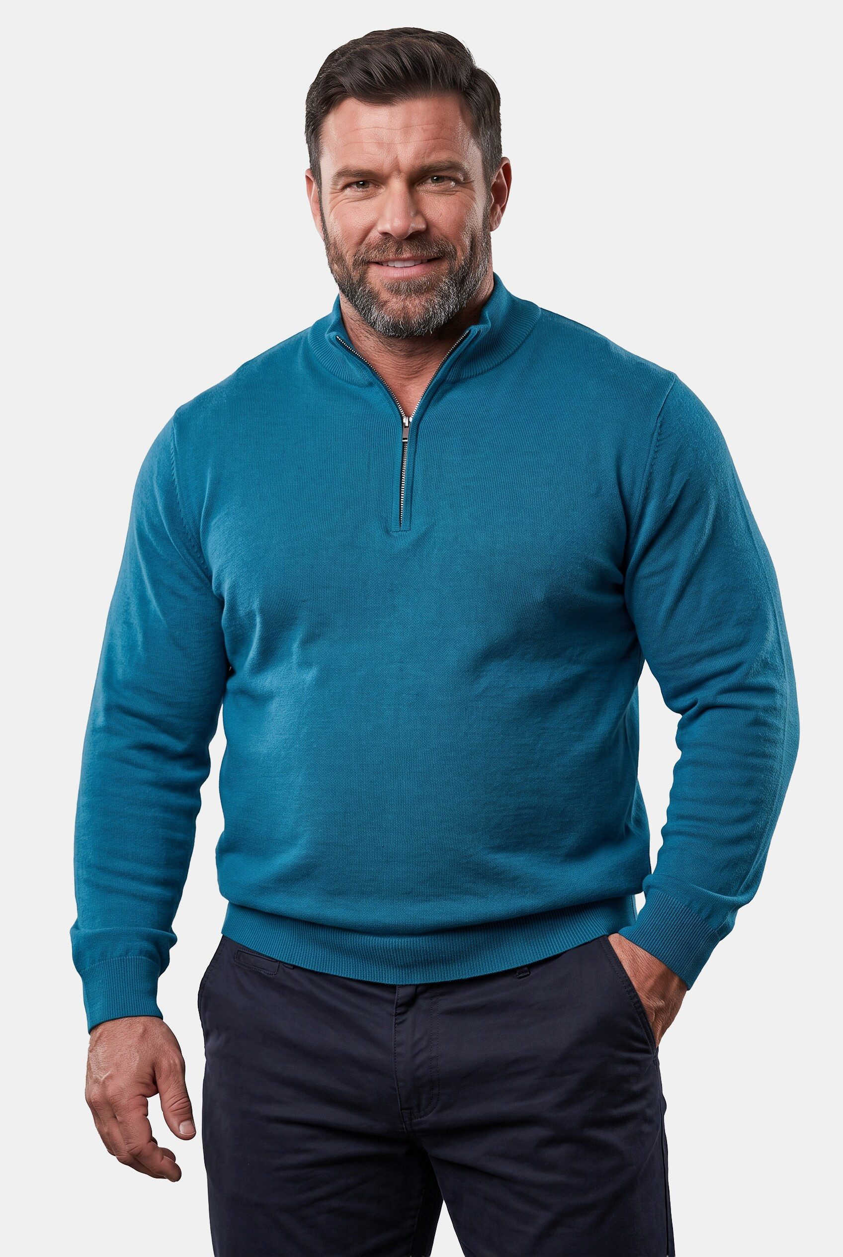 Men Plus Rundhalspullover Men+ Troyer Feinstrick Stehkragen mit Zipper