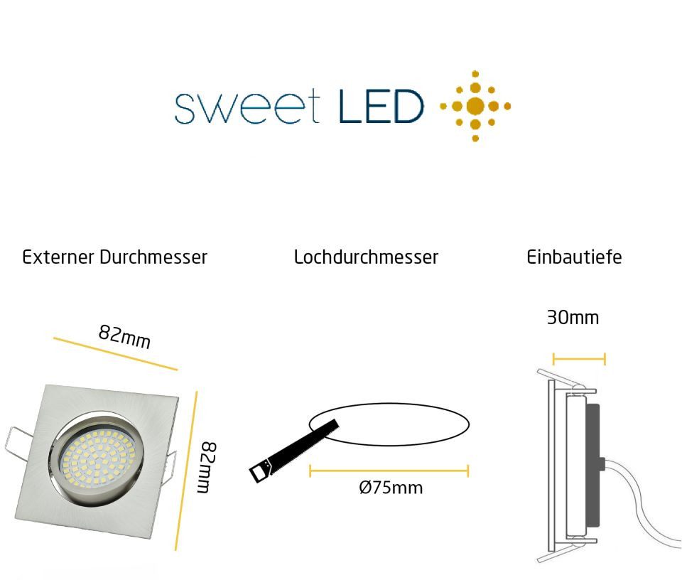 Sweet LED LED Einbaustrahler 6er SET schwenkbar LED Einbauleuchten 3,5W 3000K 230V eckig Chrom Spot, warmweiß, 3000K, Deckenspots, 82x82 mm, Einbauleuchten