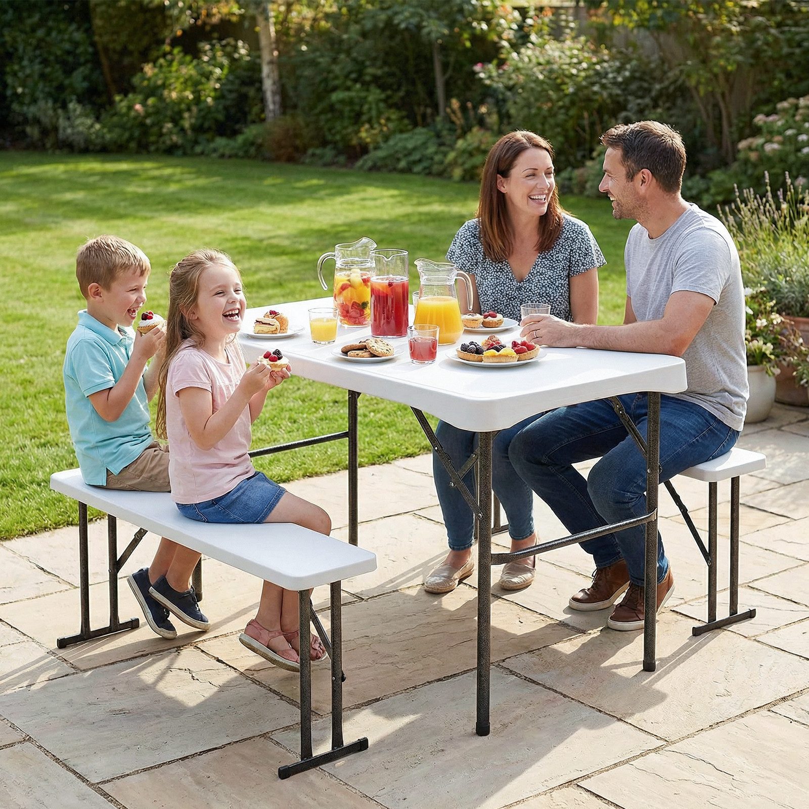 Sekey Garten-Essgruppe 3-teilig Bierzeltgarnitur Klappbar Biertisch Esstisch Set mit 2 Bänken, Klappbar Biertisch Set für 4 Personen, Festzeltgarnitur, Weiß