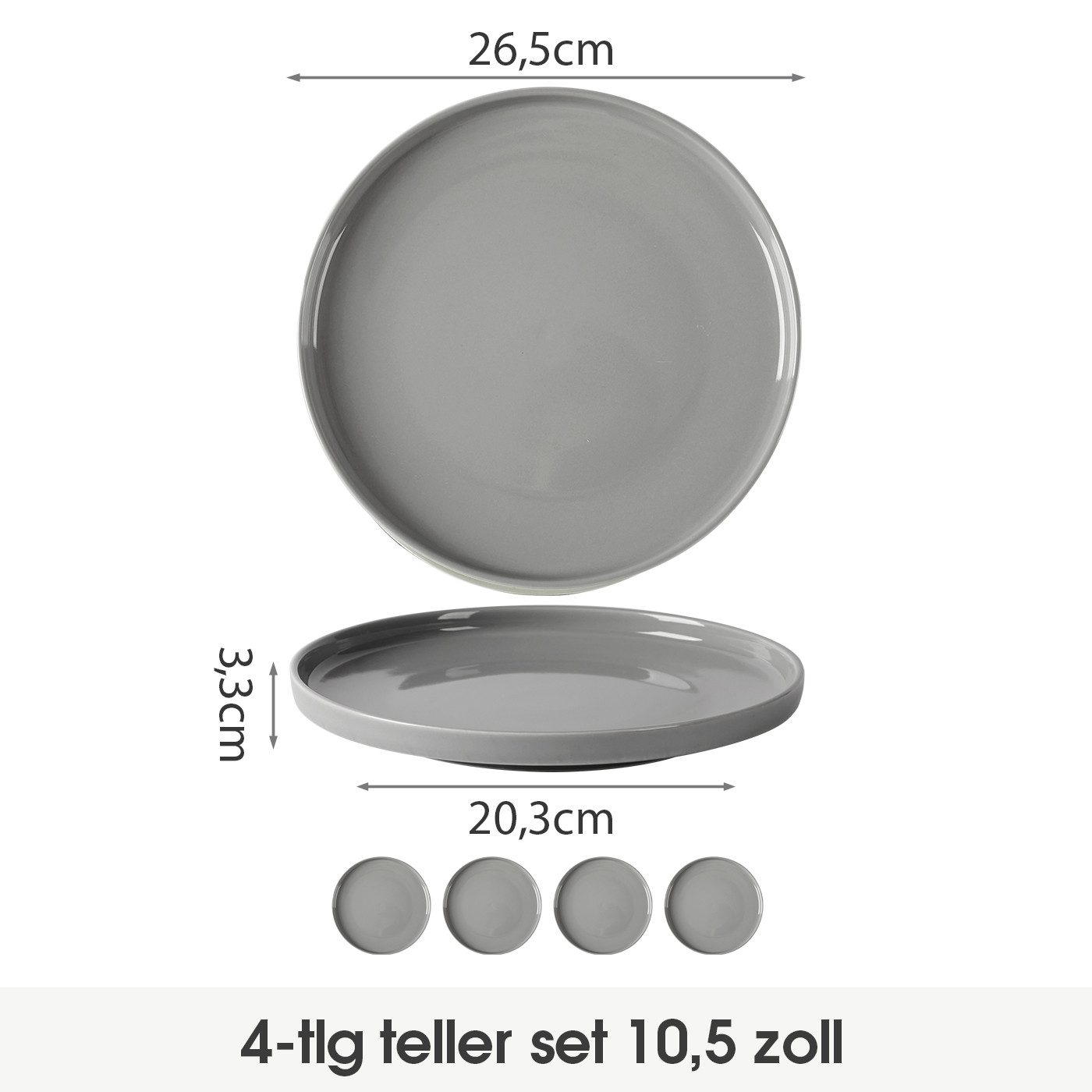 JIWOO Teller 4er Ø26,5cm, Frühstücksteller Salatteller Steakteller Dessertteller, (4 St), Keramik Tellerset Grau Mikrowellen spülmaschinenfest Ø26,5 cm
