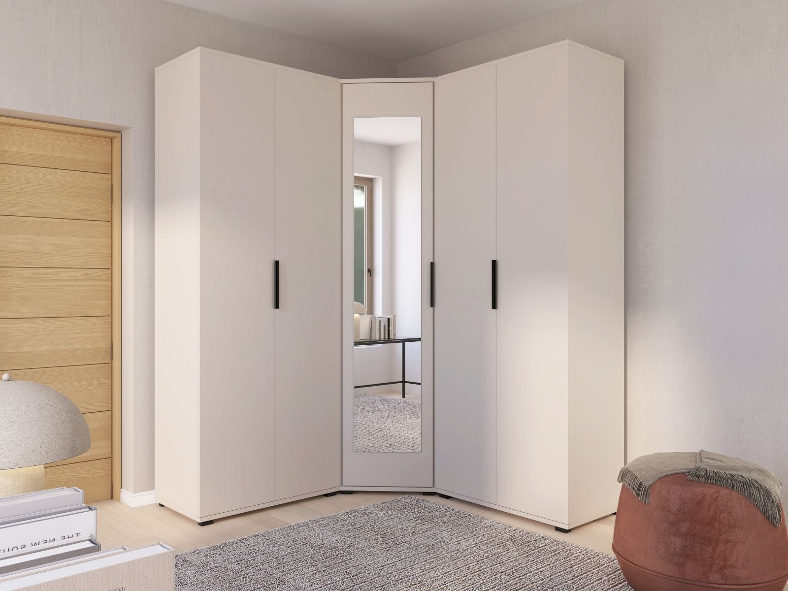 Compleo Eckkleiderschrank Kaschmir, Schrank mit Spiegel, Geräumiger Kleiderschrank Japandi Design, ERIS Garderobenschrank