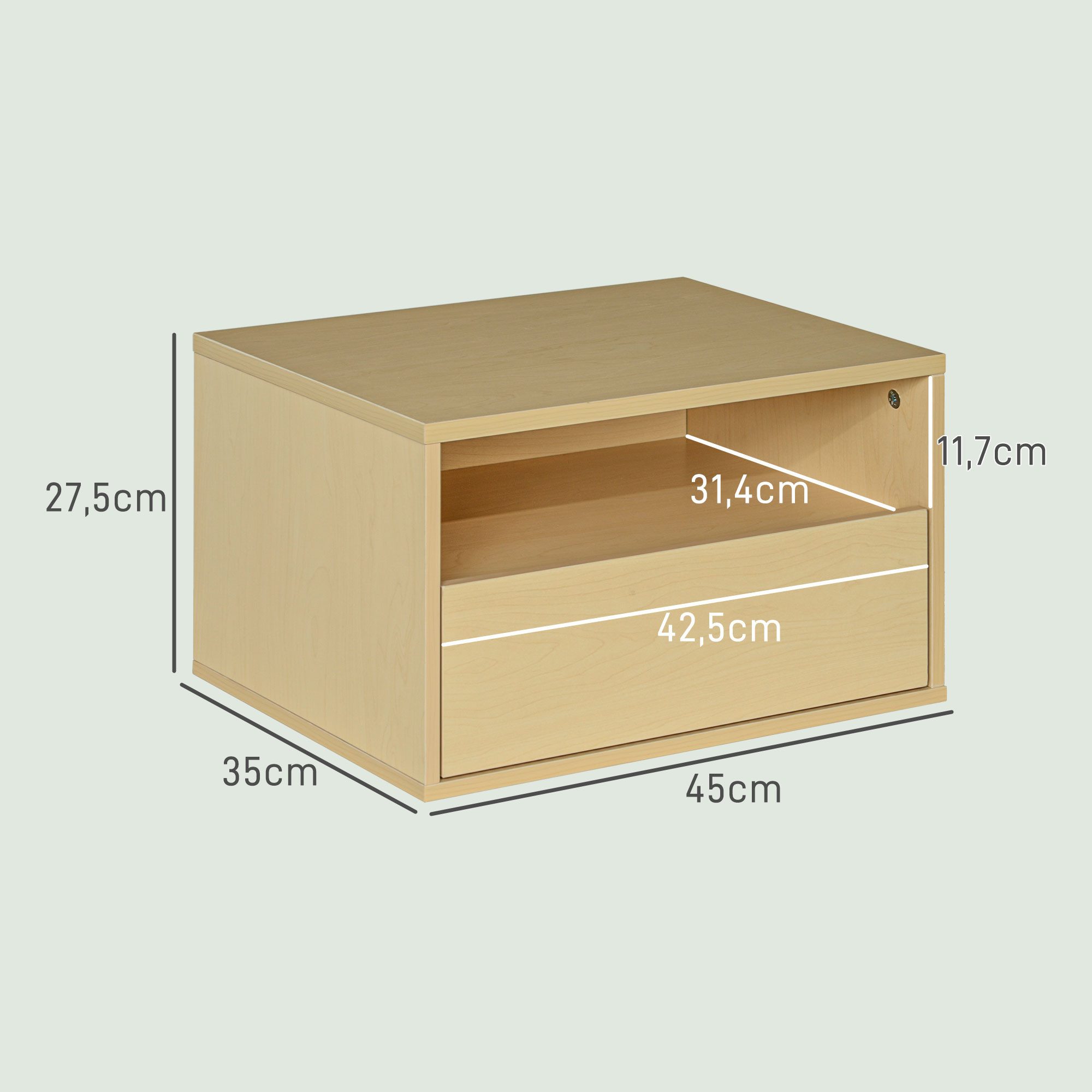 HOMCOM Nachttisch Wandschrank mit Schublade, offenes Regal (Hängeschrank, 2-St., Nachttisch), für Schlafzimmer, Wohnzimmer, 45 x 35 x 27,5 cm, Naturholz