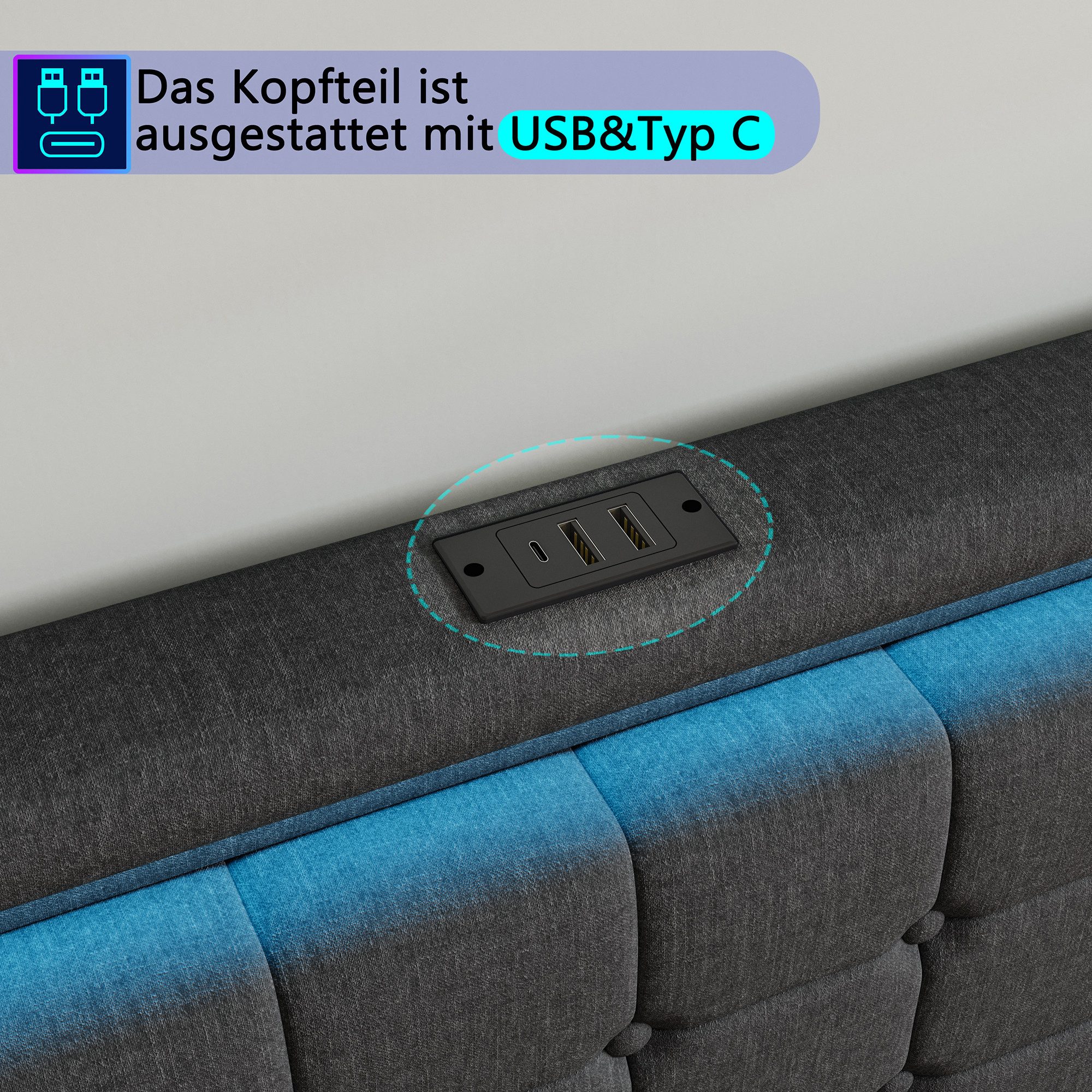 ADWOLT Polsterbett Doppelbett Stauraumbett mit 4 Schubladen, 180x200 cm,mit LED Licht und USB+Type C,Gepolstert,Leinenstoff,Grau – Bild 3 von 5