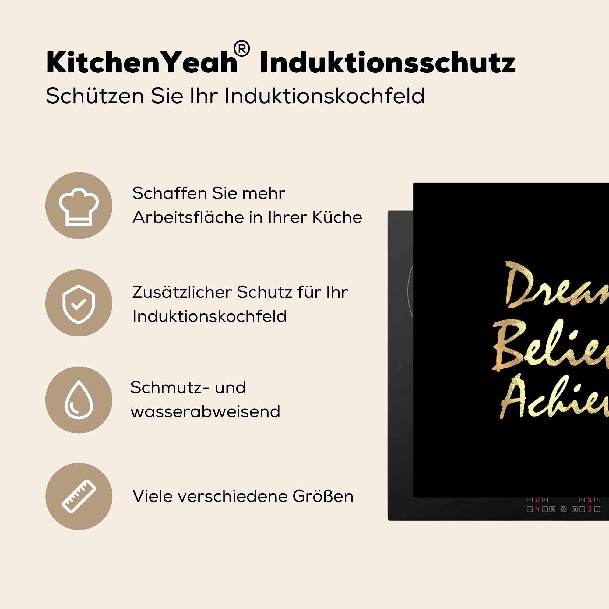 Traum küche für - Zitat - Ceranfeldabdeckung, cm, MuchoWow (1 Arbeitsplatte 78x78 - Gold, Herdblende-/Abdeckplatte Schwarz Vinyl, tlg),