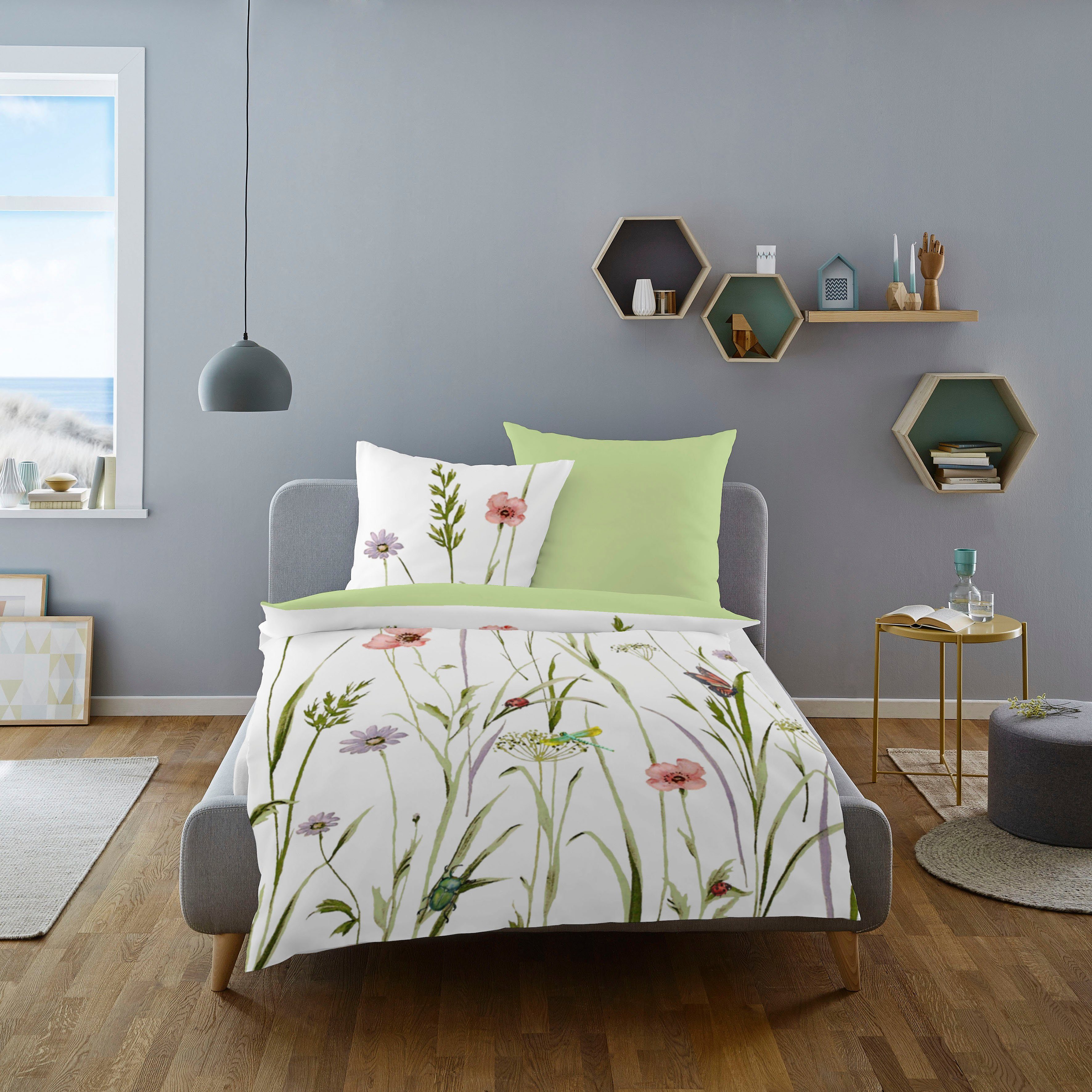 Dormisette Wendebettwäsche Blumenwiese, Mako-Satin, mit Blumen