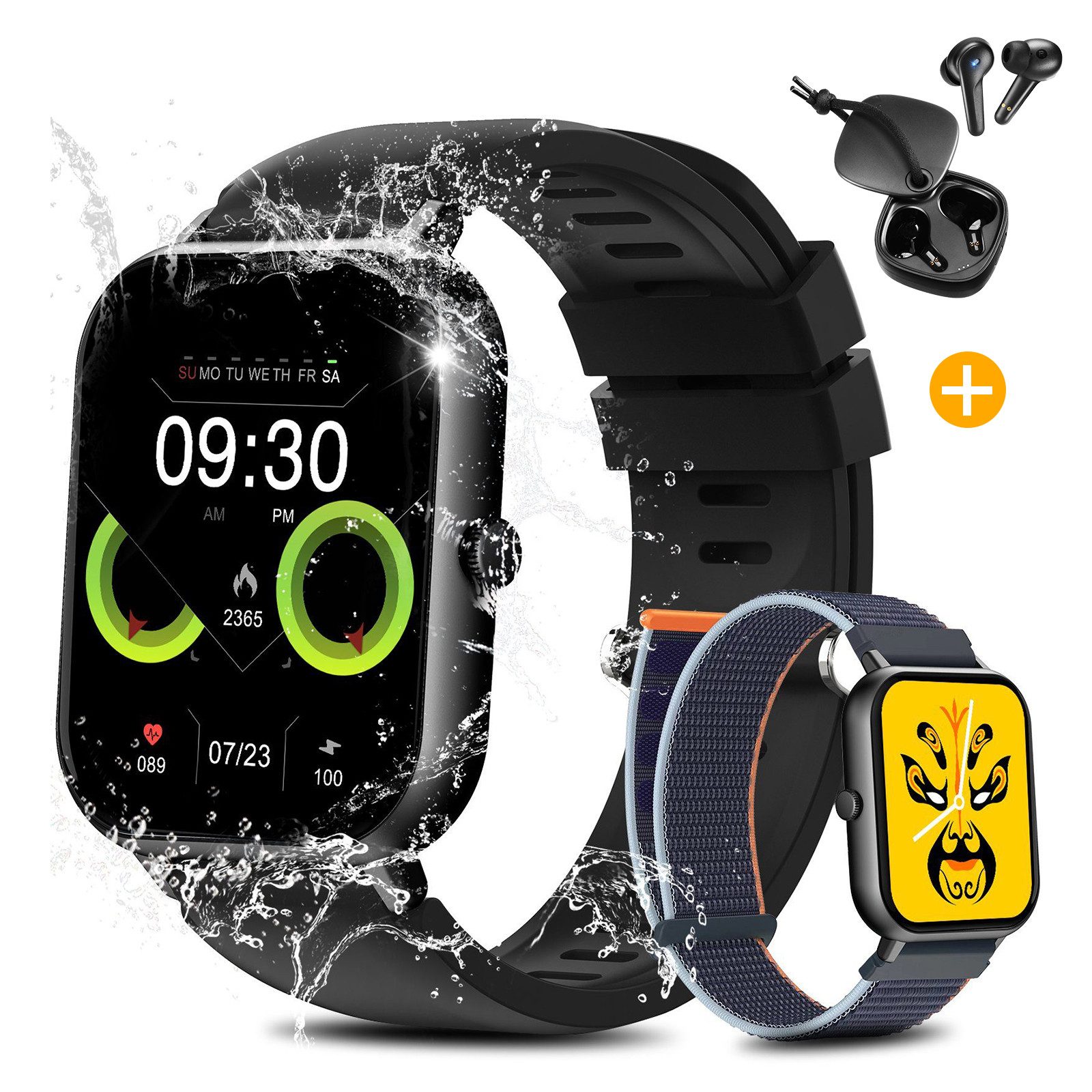 Yuede Smartwatch, Fitness Tracker uhr mit Anruffunktion für Damen und Herren Smartwatch (Quadratischer 1,85%27%27-Voll-Touch-Farbdisplay Zoll Zoll) Bluetooth Kopfhörer mit Aktive Rauschunterdrückung(ANC) Combo Fitnessuhr mit Anruffunktion, Gesundheits-Smartwatch mit Blutsauerstoff, Blutdruckmessung, Herzfrequenz, Schlafqualität, Schrittzähler etc., IP67 wasserdichte Sportuhr mit mehr als 50 Sportmodi und Doppelriemen, für Android IOS