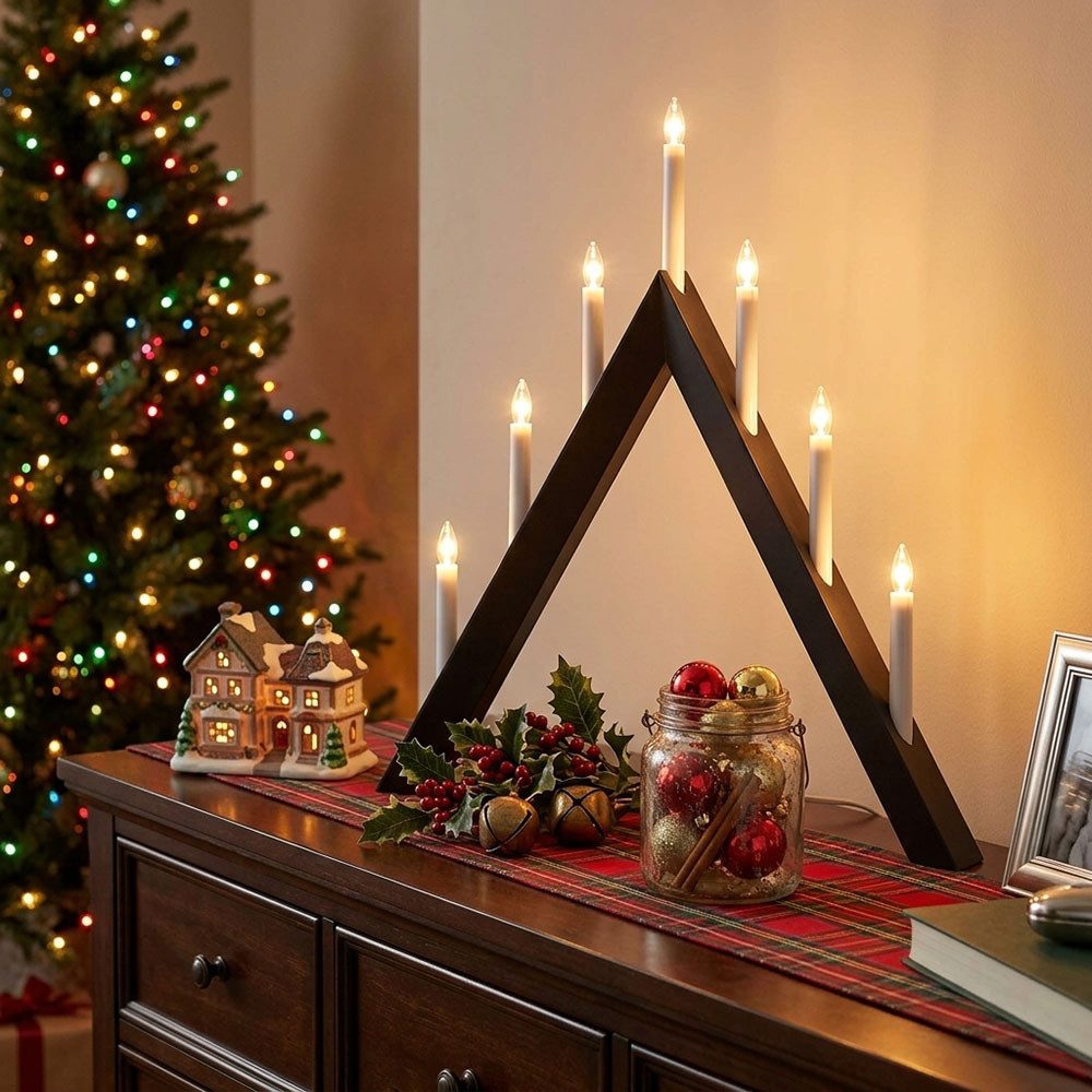 EGLO LED Dekolicht, Leuchtmittel inklusive, Warmweiß, LED Kerzenständer Weihnachtspyramide Holz Anthrazit 7-Flammig H 64,5cm