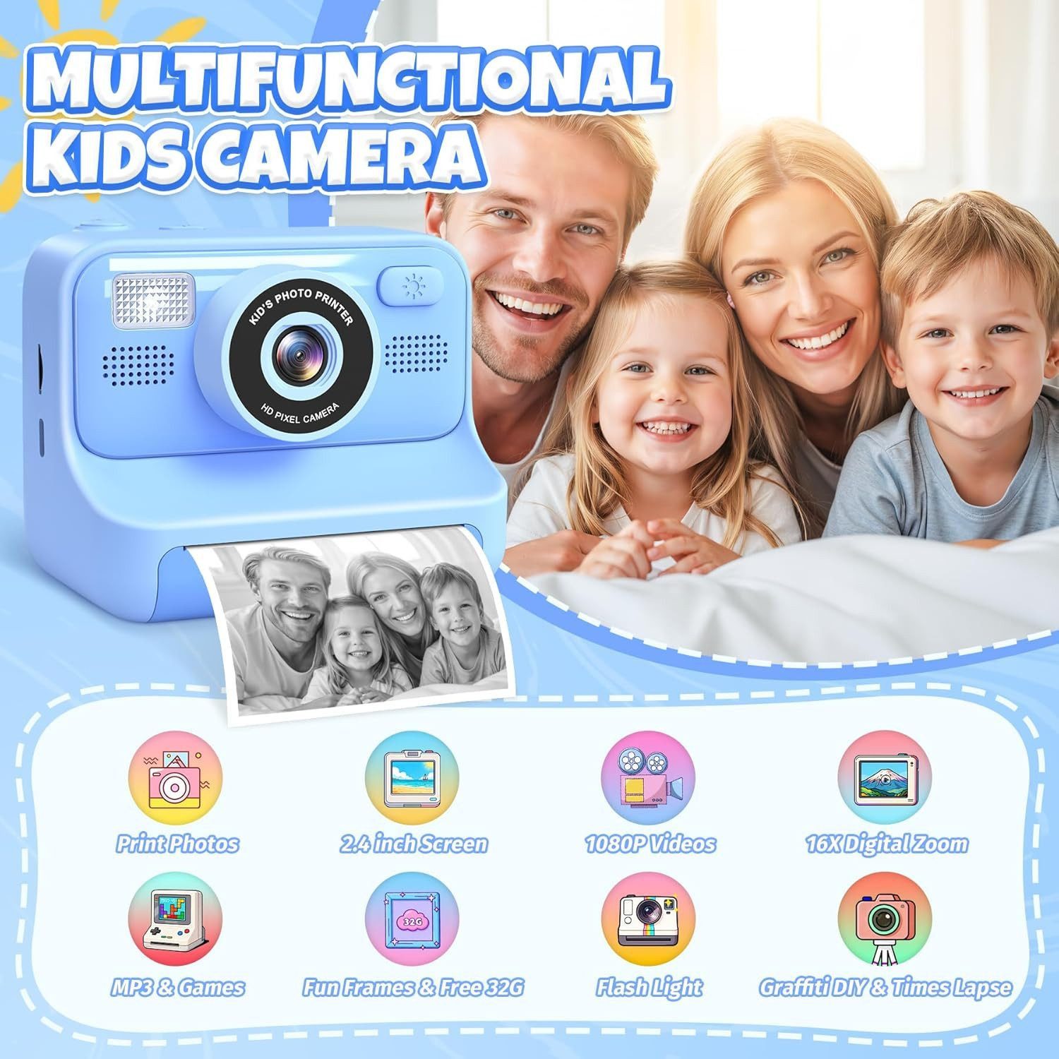 Ophy Blaue Kinder-Sofortbildkamera – 2,4-Zoll Selfie-Kamera Sofortbildkamera (inkl. 32GB Karte, 3 Rollen Fotopapier, 1080p Video, Geschenk für Mädchen & Jungen)