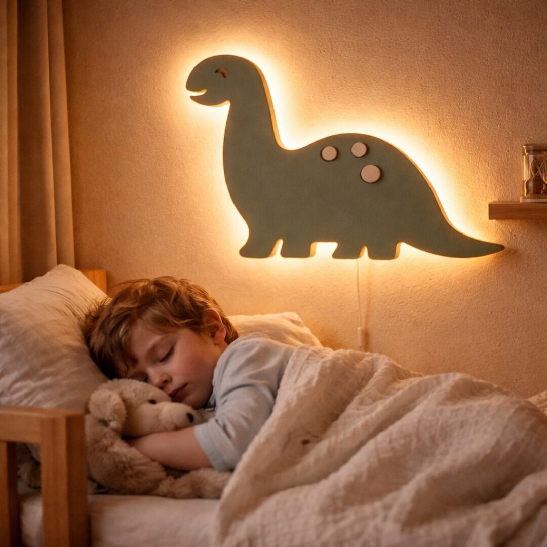 COZYCOLLECTIONS LED Wandleuchte Dinosaurier LED-Wandnachtlicht Holz Salbeigrün, LED, Warmweiß, Montessori-inspiriertes Nachtlicht für ruhige Abendrituale
