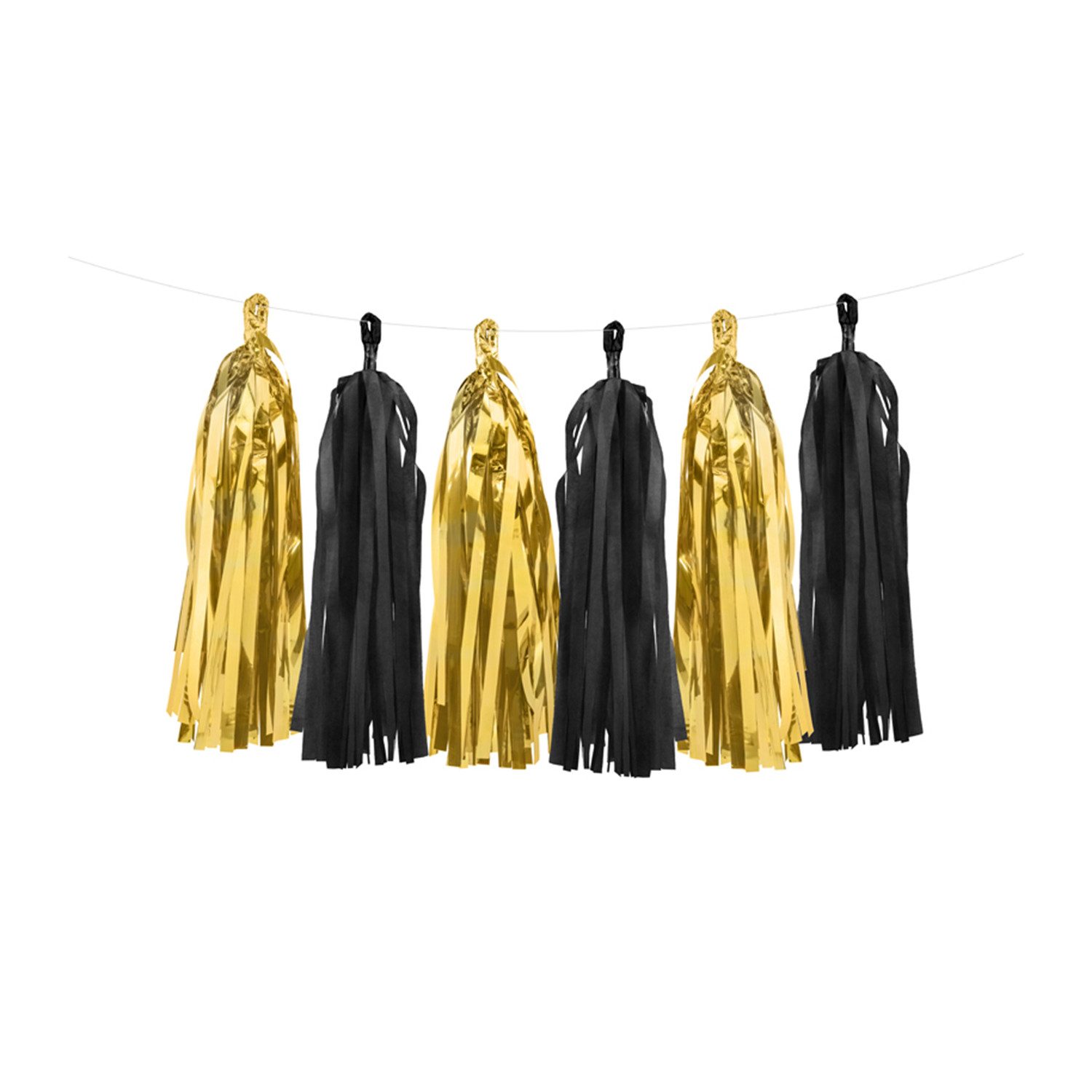 partydeco Girlande Girlande Quasten Schwarz-Gold, 12Stk./200cm
