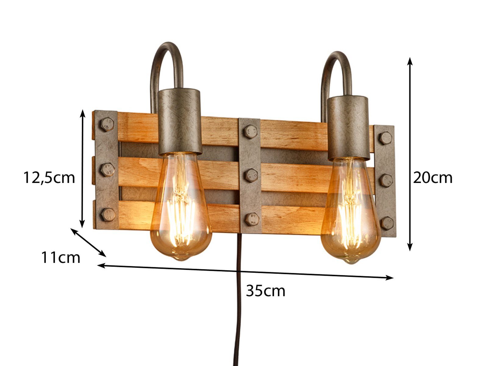 wechselbar, Warmweiß, Wandleuchte, Industrial mit Style, meineWunschleuchte Schalter Stecker 35cm und LED Holzbalkenlampe Breite LED