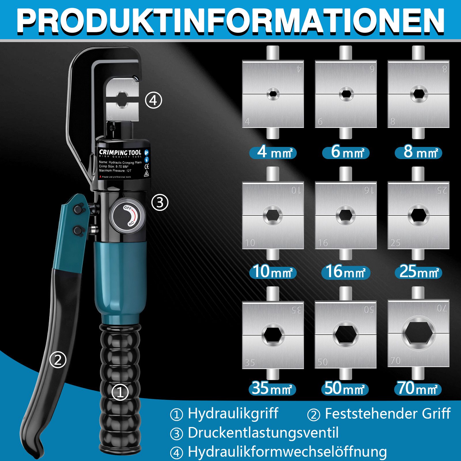 XERSEK Presszange Hydraulische Crimpzange Quetschzange Crimpeinsatz 4-70mm², Kabelschere, Manuelle Hydraulikzange aus Verschleißfester legierter Stahl, Für Schaltungsumbau, Fahrzeugwartung Werkzeugherstellung und mehr.