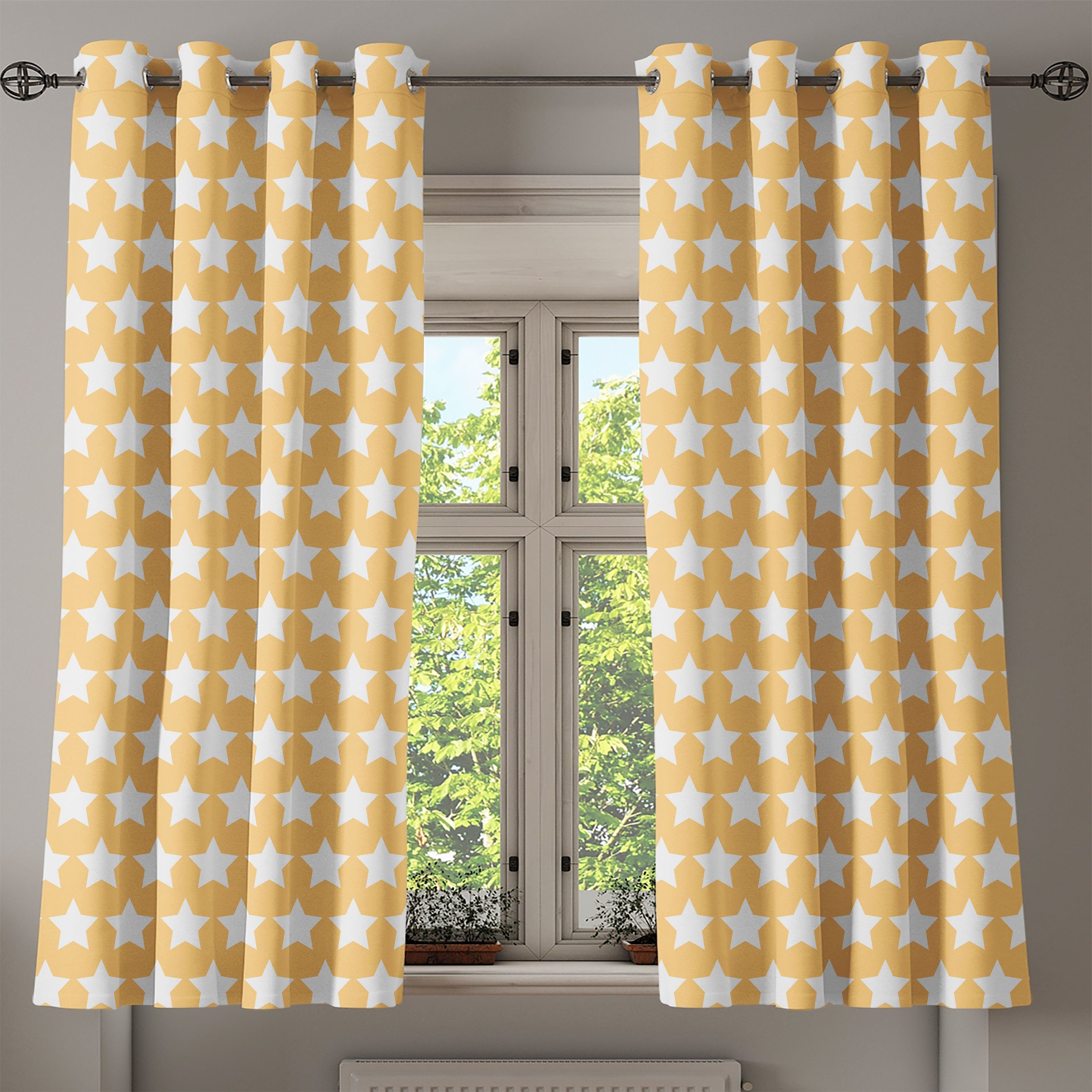 für Gardine Weiß Gelb und Wohnzimmer, Abakuhaus, Sterne Dekorative 2-Panel-Fenstervorhänge Retro Schlafzimmer
