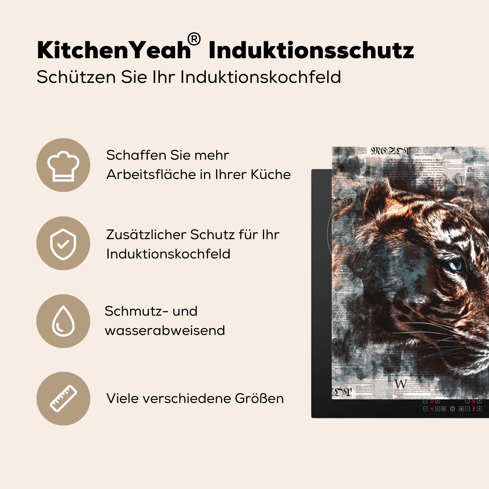 MuchoWow Herdblende-/Abdeckplatte Tiger - - cm, (1 Arbeitsplatte küche Vinyl, Ceranfeldabdeckung, Kunst, 78x78 Zeitung tlg), für