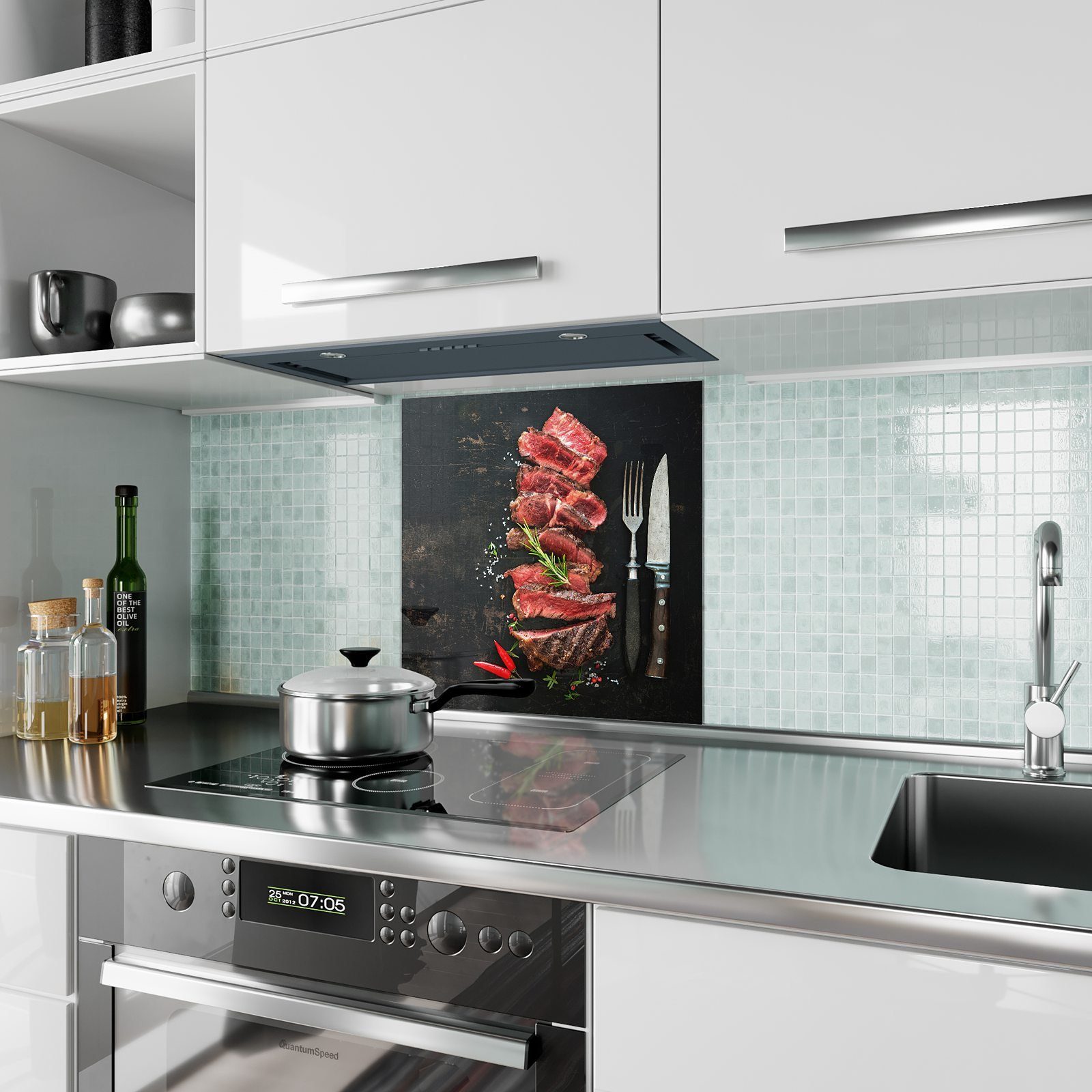 Spritzschutz Küchenrückwand Küchenrückwand Glas Motiv Primedeco geschnitten mit Steak Ribeye